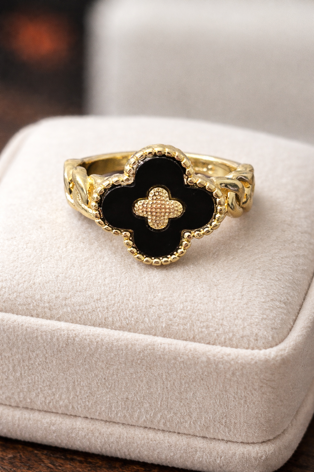 Size 7 Clover Ring – 14K Gold Filled Black Clover Statement Ring