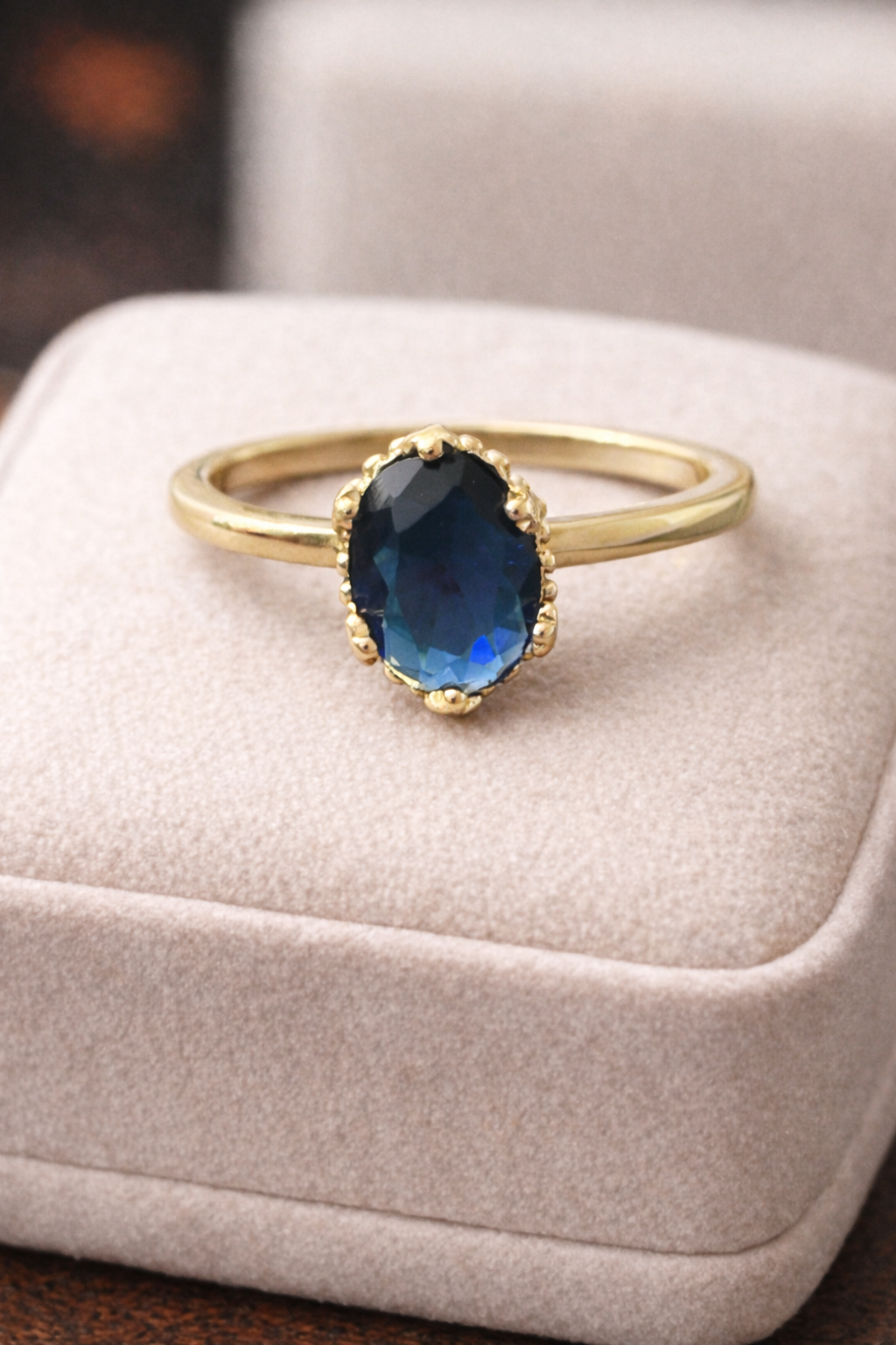 Size 8 Blue Oval Stone Ring – Gold Filled Elegant Solitaire Band