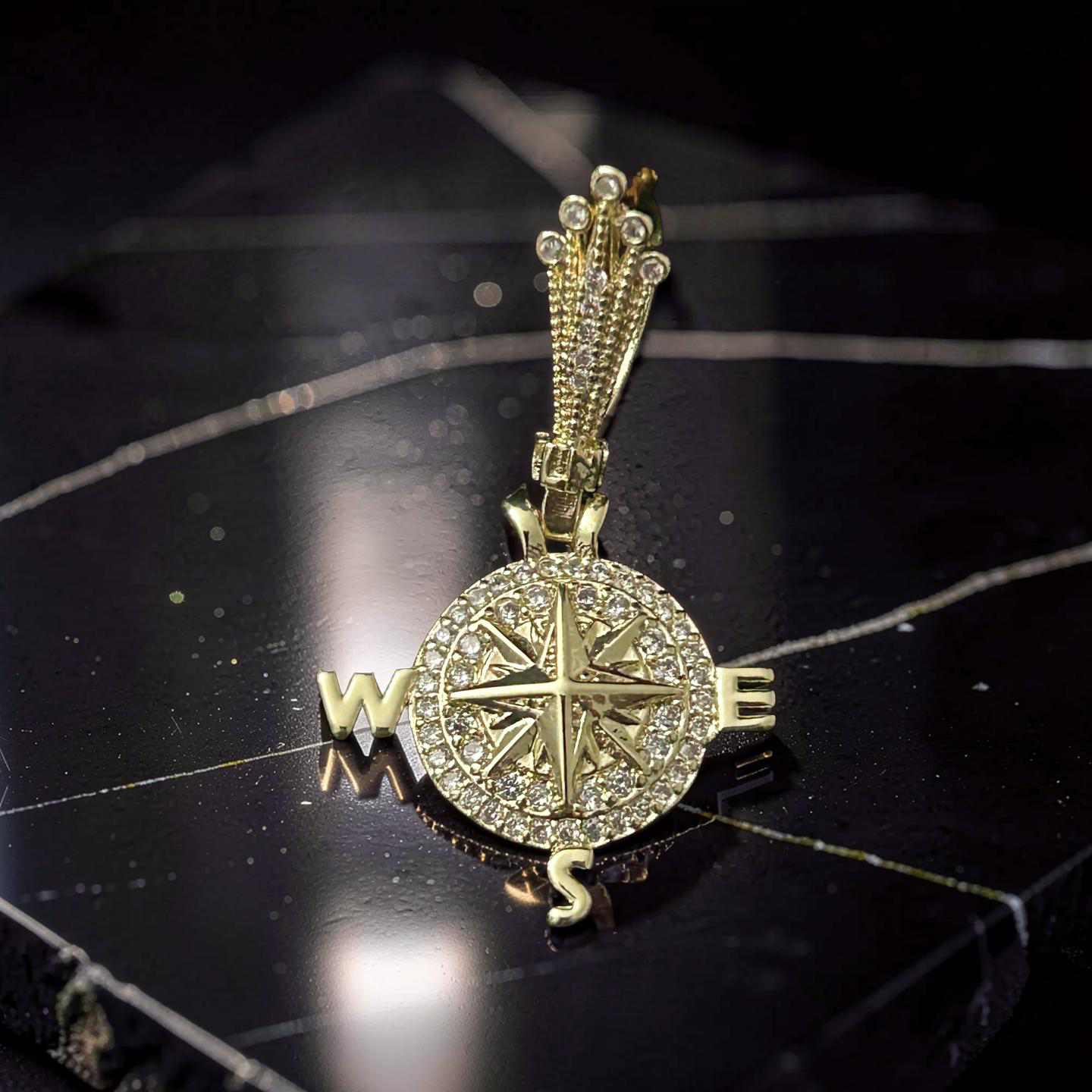 14K Gold Filled Compass Pendant – Iced Out CZ North Star Medallion