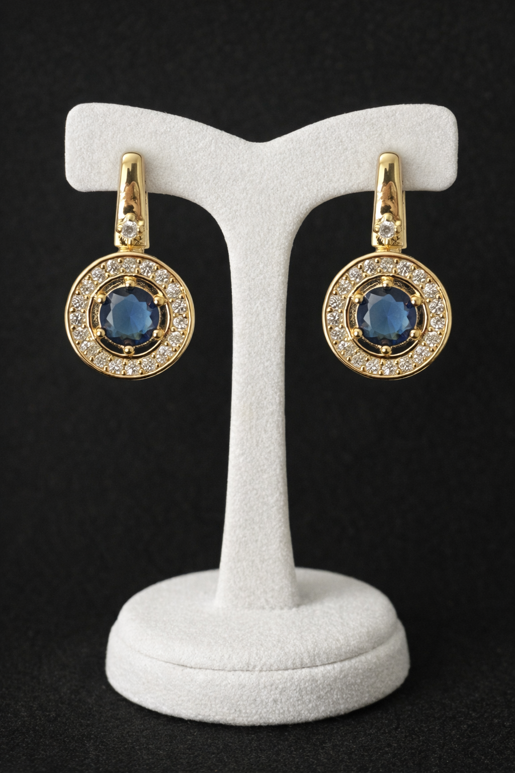 14K Gold Filled VVS CZ Blue Halo Drop Earrings – Luxury Round Statement Hoops