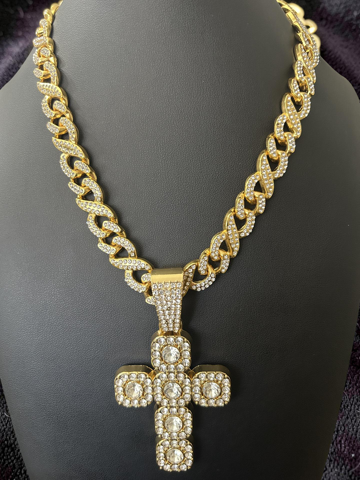 18in 13mm VVS CZ Iced Out Cuban Eternity Link Chain with Cross Pendant – Gold Over Stainless Steel