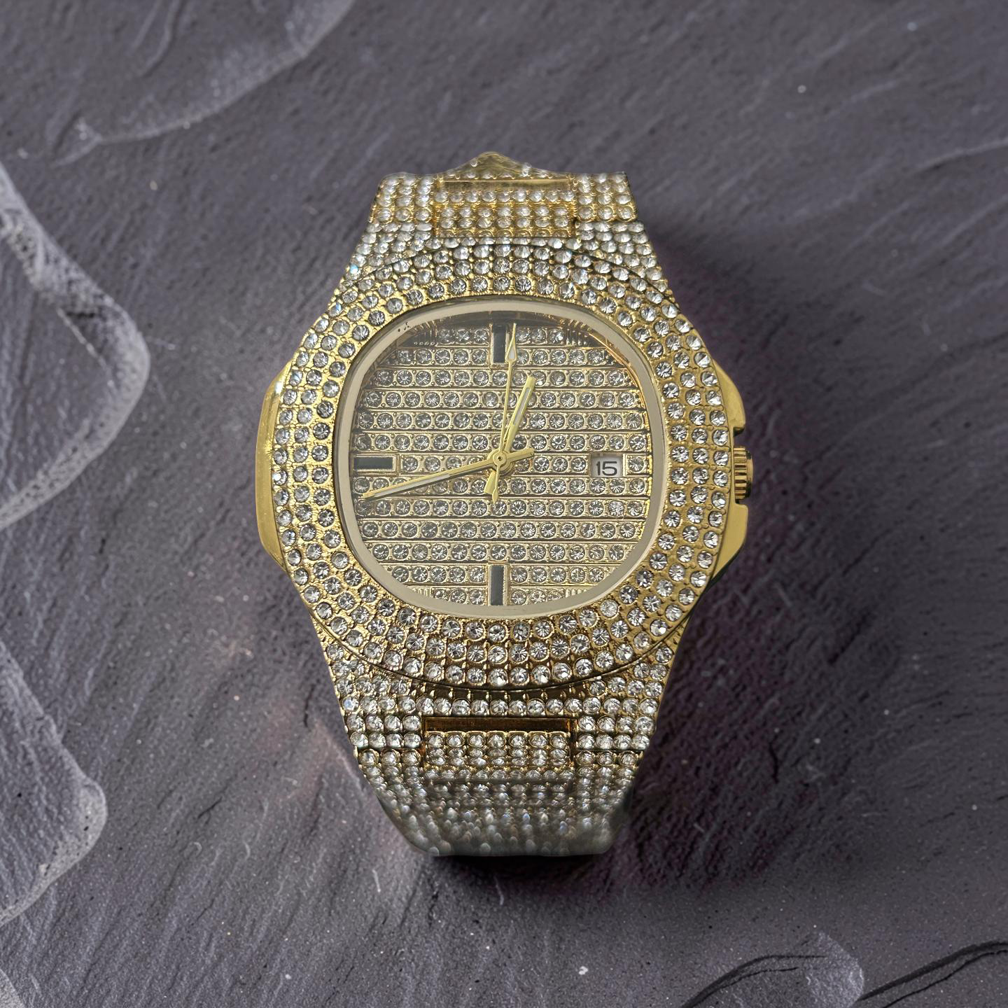 41mm Iced Out VVS CZ Gold Stainless Steel Watch – Luxury Diamond Style Timepiece