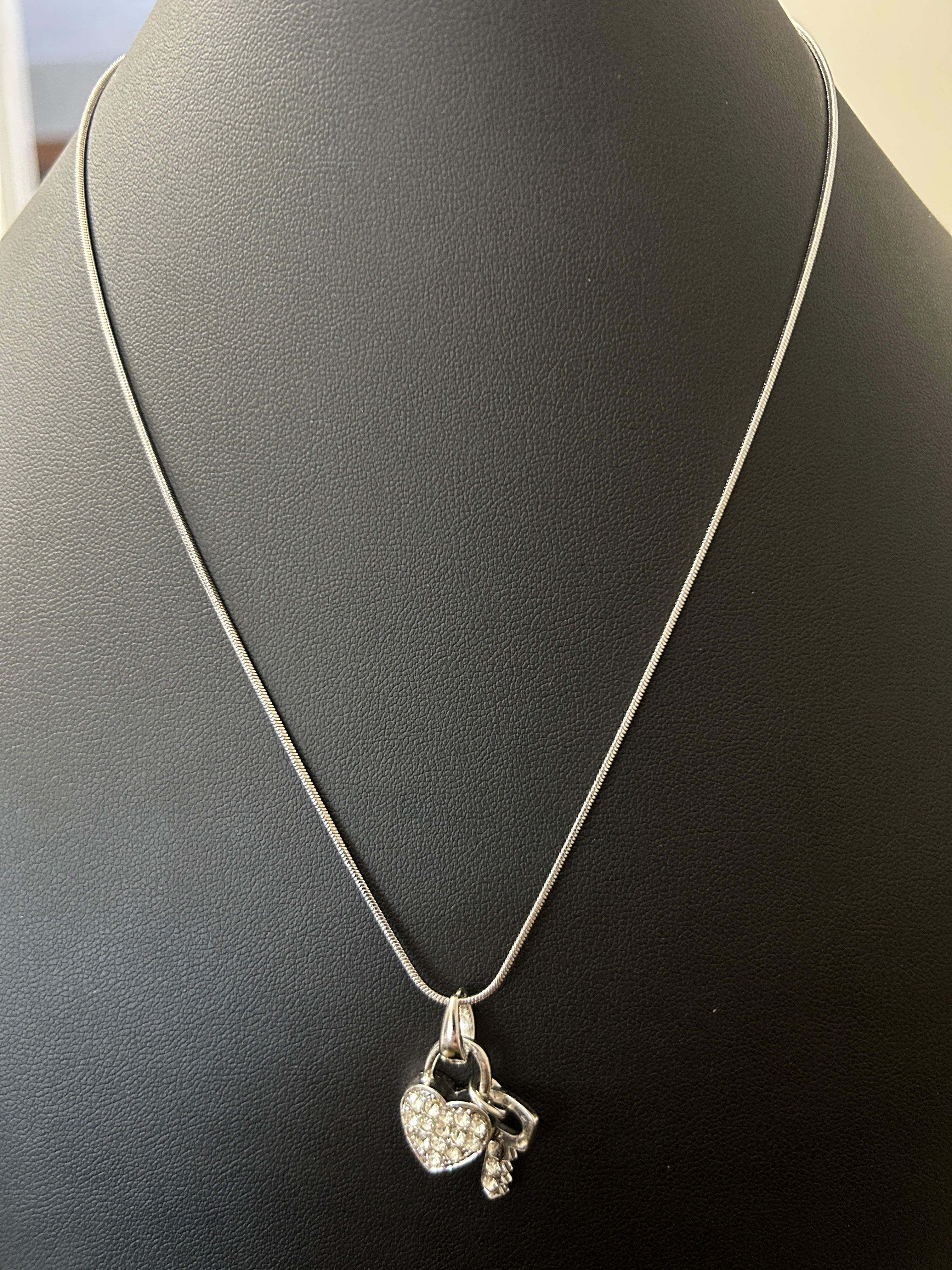 Dainty 14K White Gold Filled Snake Chain with VVS CZ Heart & Key Pendant Necklace 16-18 Inches