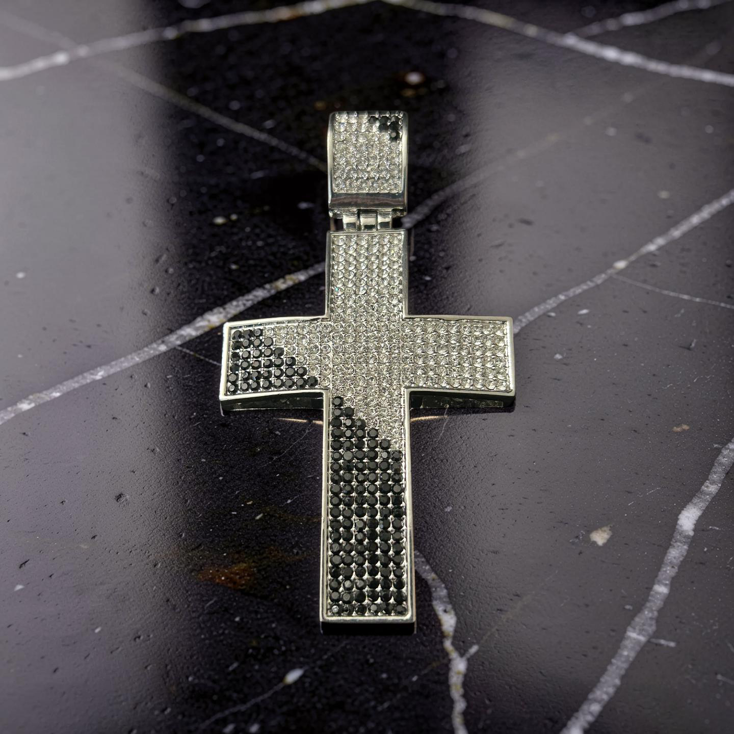 Large Iced Out Stainless Steel Cross Pendant – VVS CZ with Black Stones