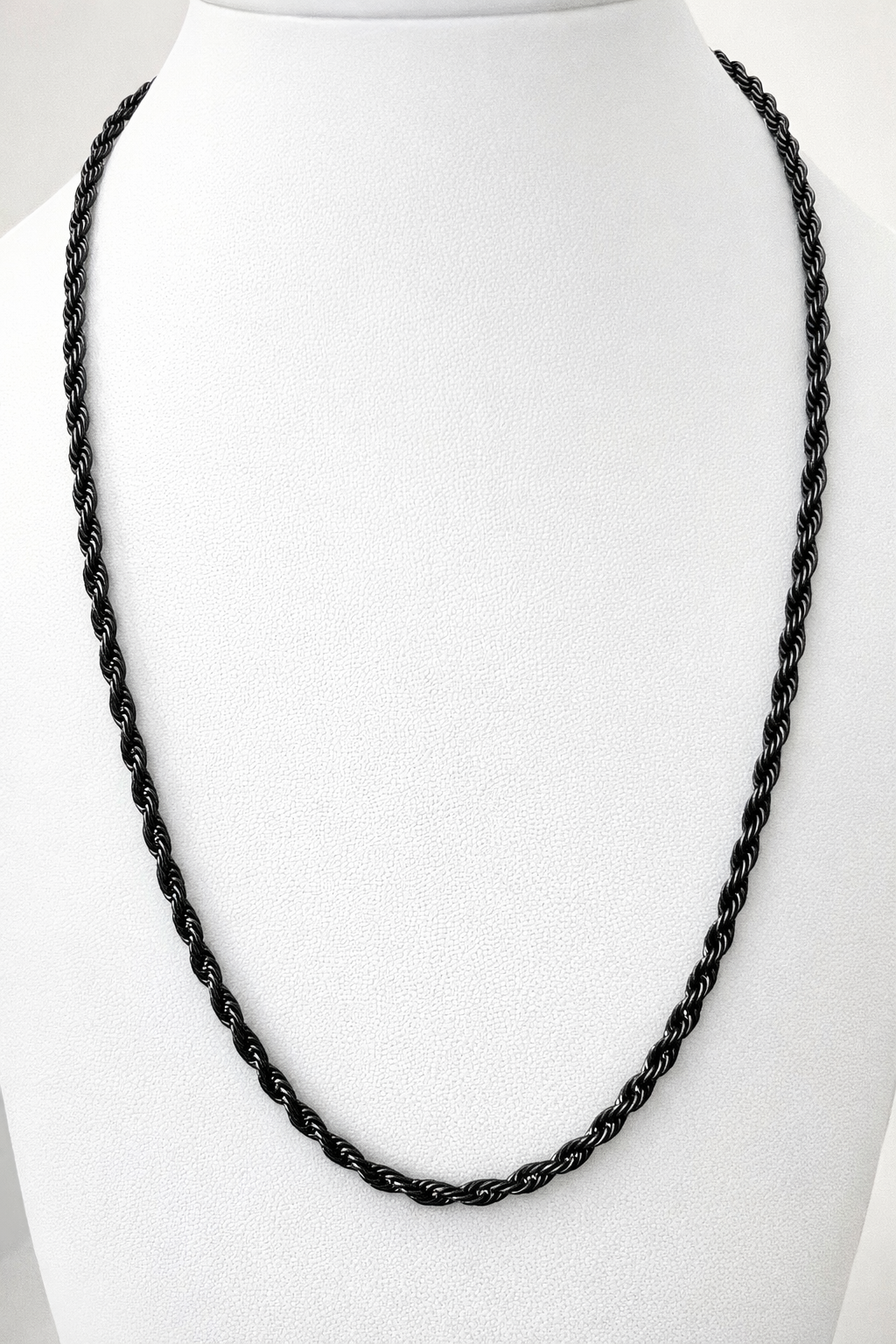 4mm Black Rhodium Stainless Steel Rope Chain Necklace – 24 Inch Twisted Rope Chain