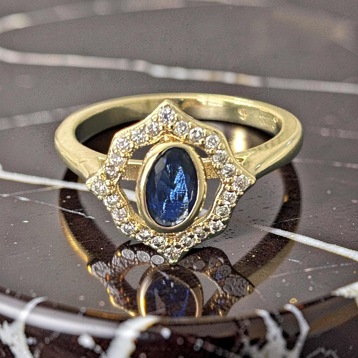 14K Gold Filled Blue Sapphire Style Halo Ring – VVS CZ Accent Statement Ring