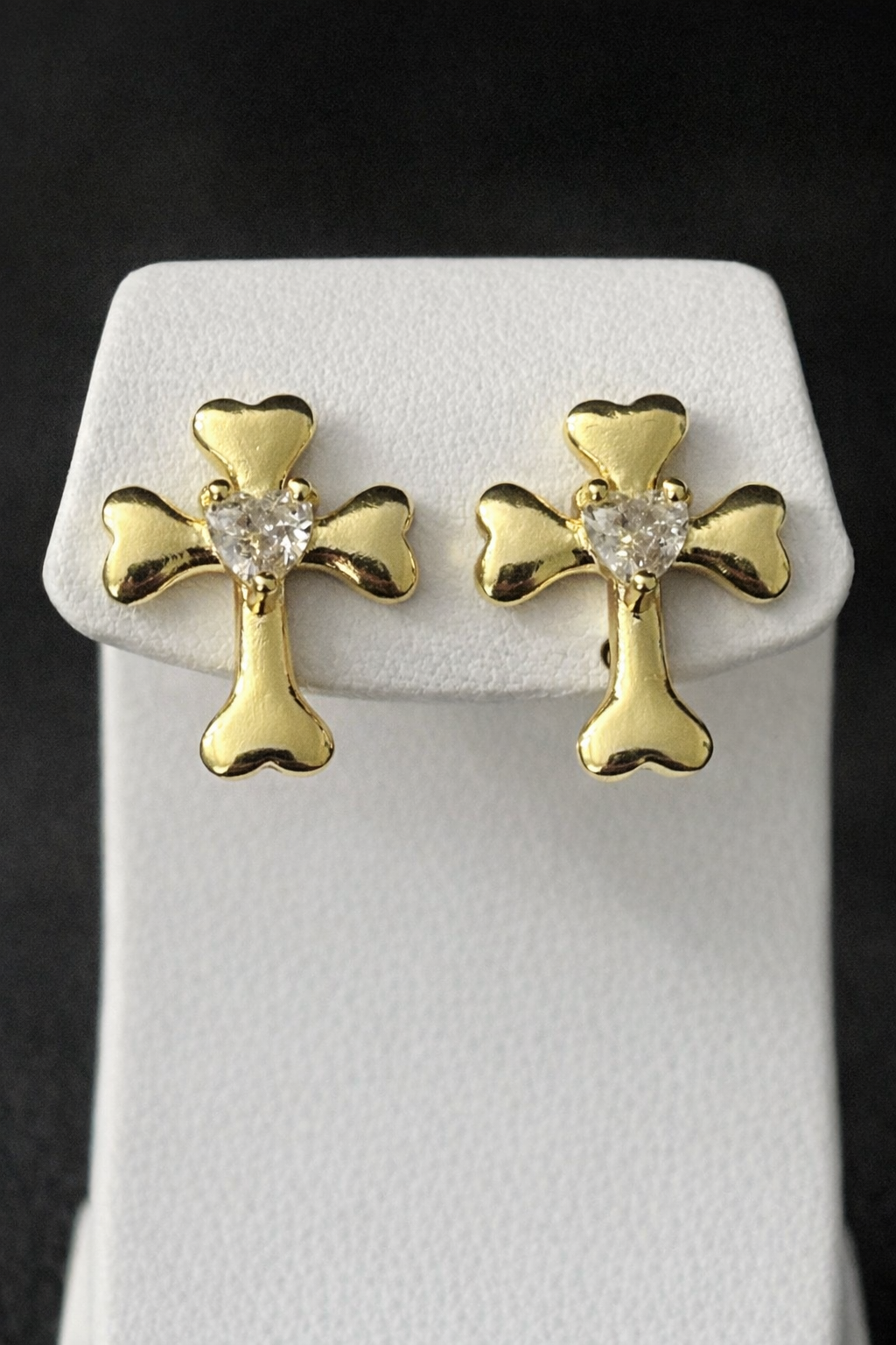 14K Gold Filled Cross Push Back Stud Earrings – Heart Cut VVS CZ Center
