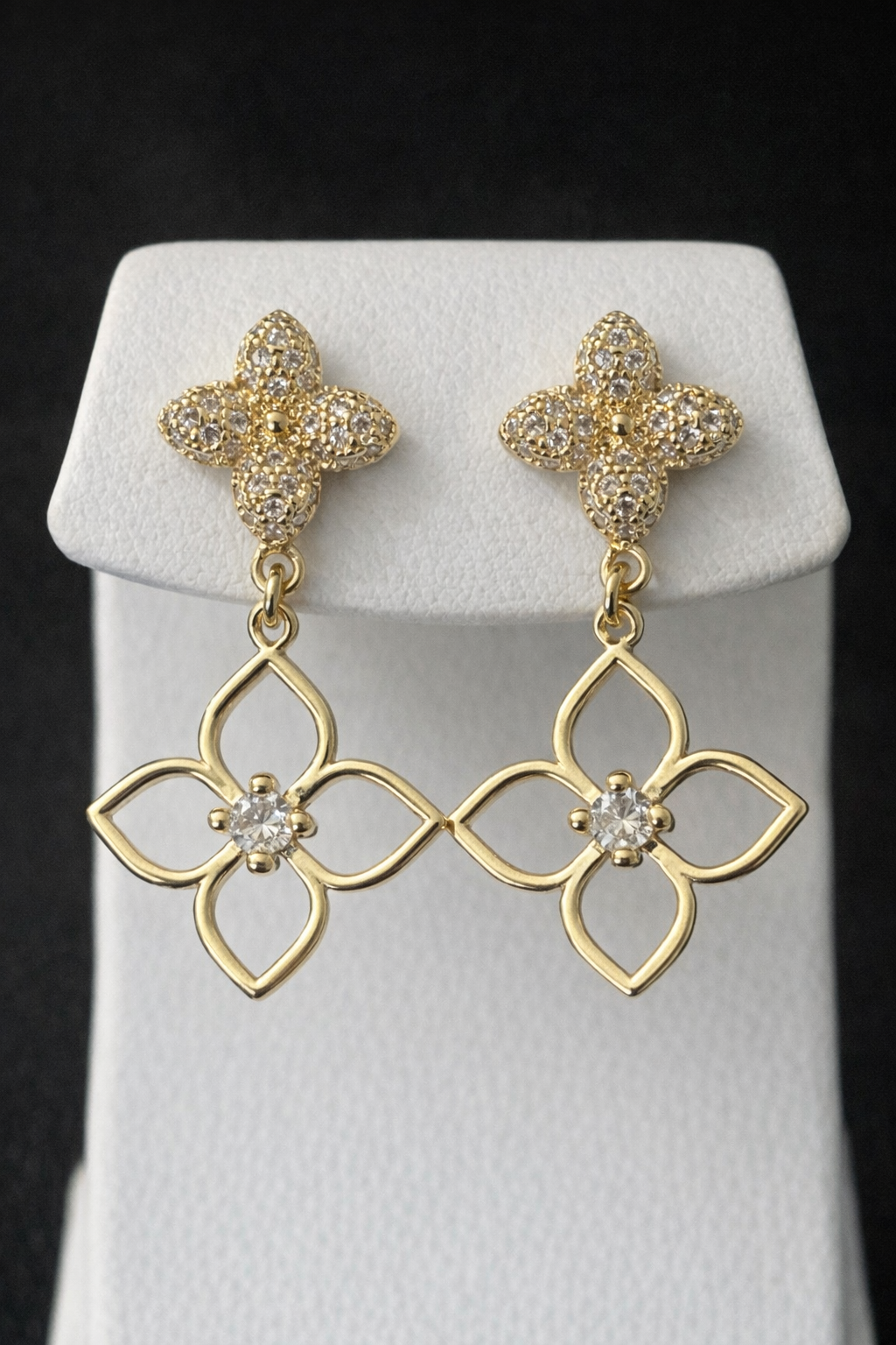 14K Gold Filled Clover Dangle Earrings – VVS CZ Floral Drop Earrings