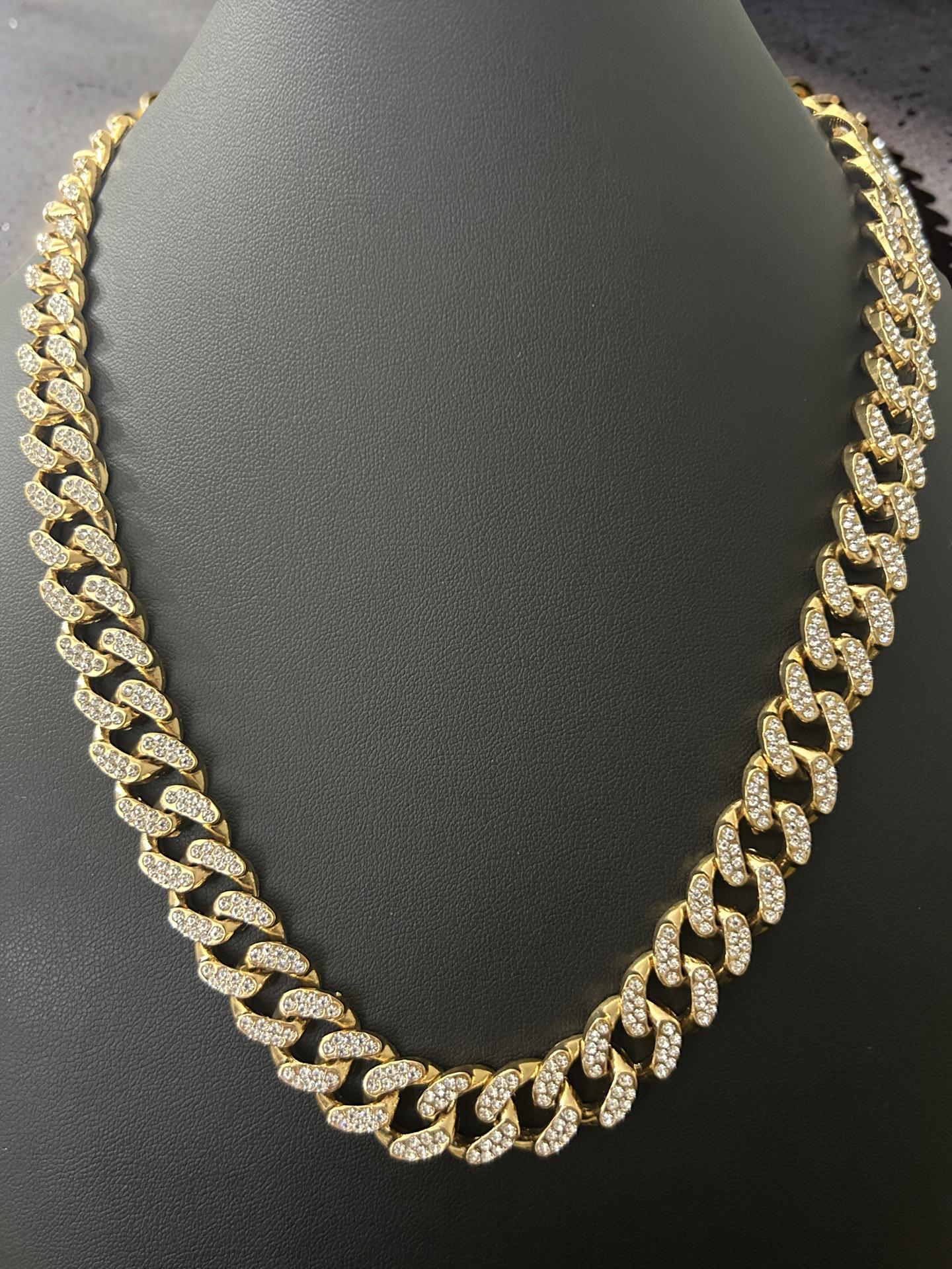 20” 13mm Iced Out Cuban Link Chain – Gold Over Stainless Steel with VVS CZ