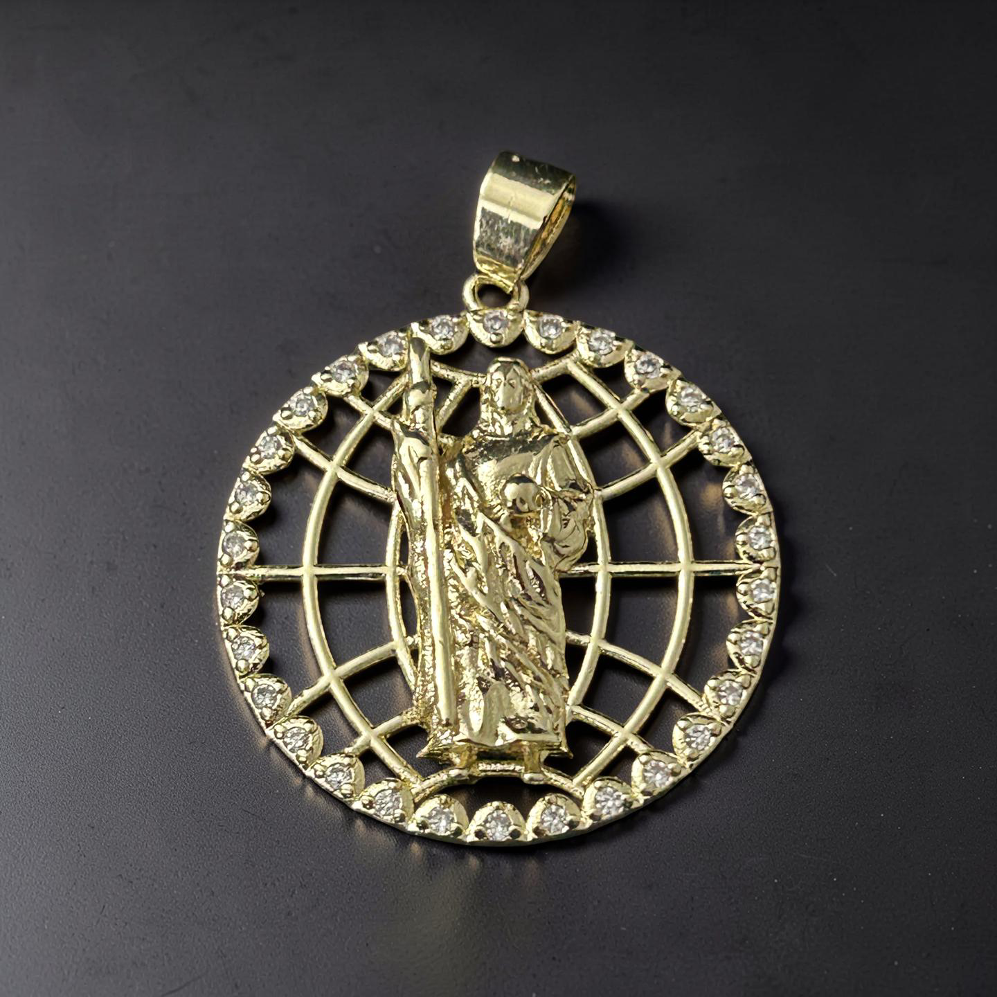 Gold Saint Jude Round Pendant with CZ Halo – Religious Medal Pendant