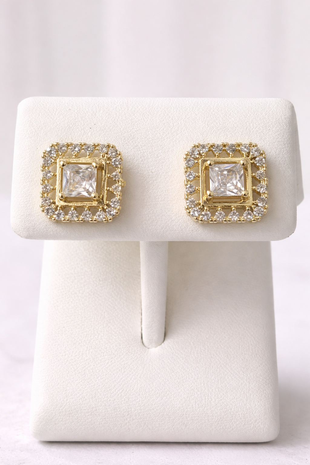 14K Gold Over Stainless Steel VVS CZ Square Halo Stud Earrings (Push Back)