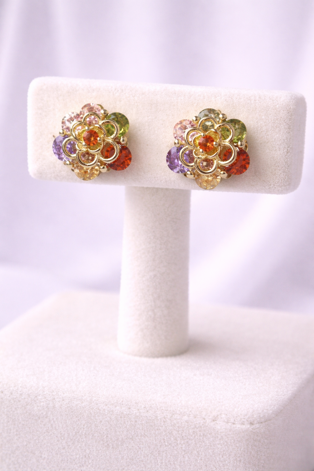 14K Gold Filled Multi-Color CZ Floral Stud Earrings (Push Back)