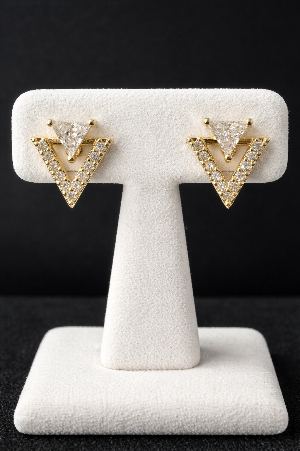 14K Gold Over Stainless Steel CZ Triangle Stud Earrings – Push Back Iced Out Geometric Earrings