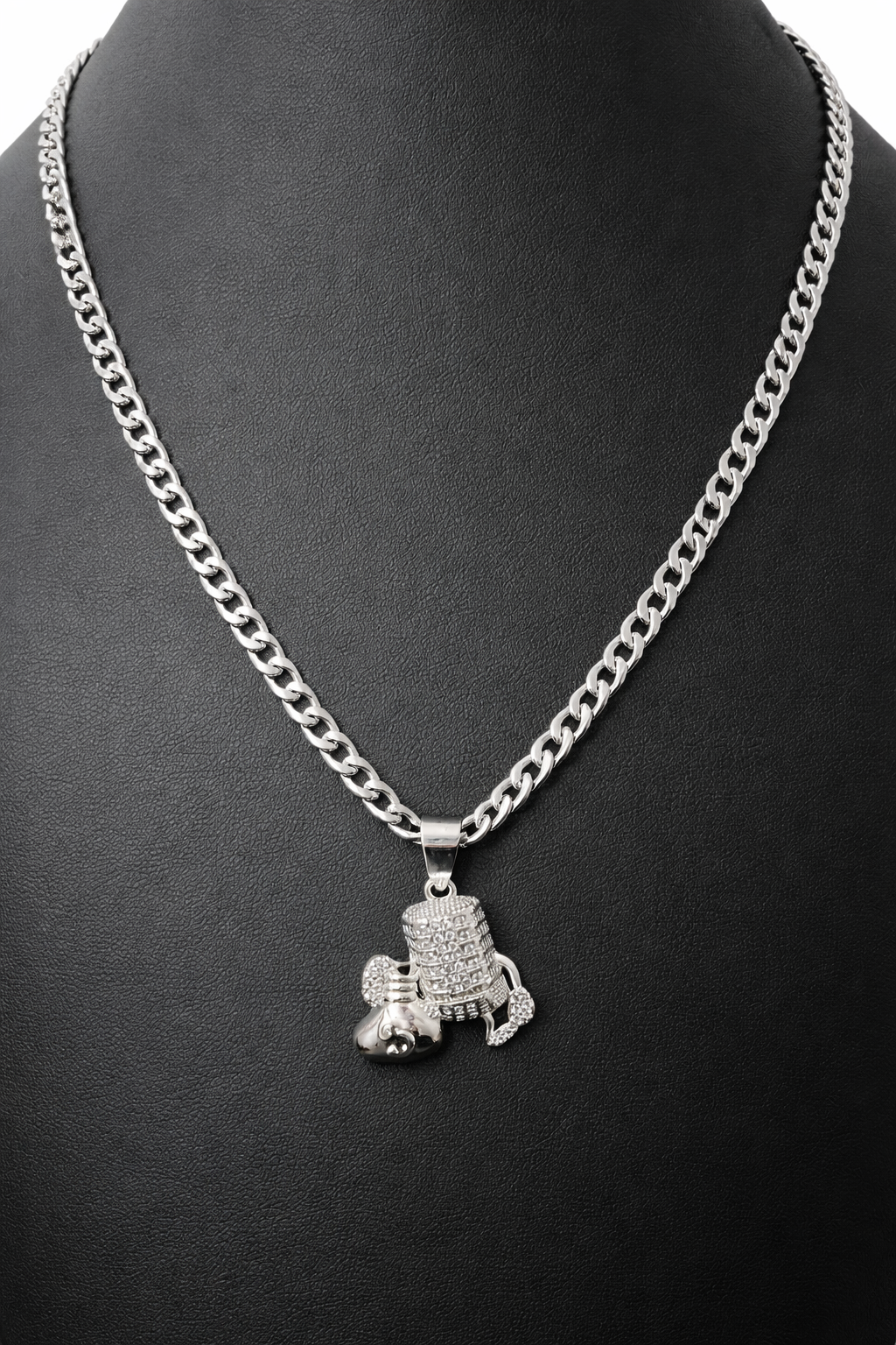 22” 4.5mm 14K White Gold Filled Cuban Chain w/ VVS CZ Microphone Boxing Gloves Pendant