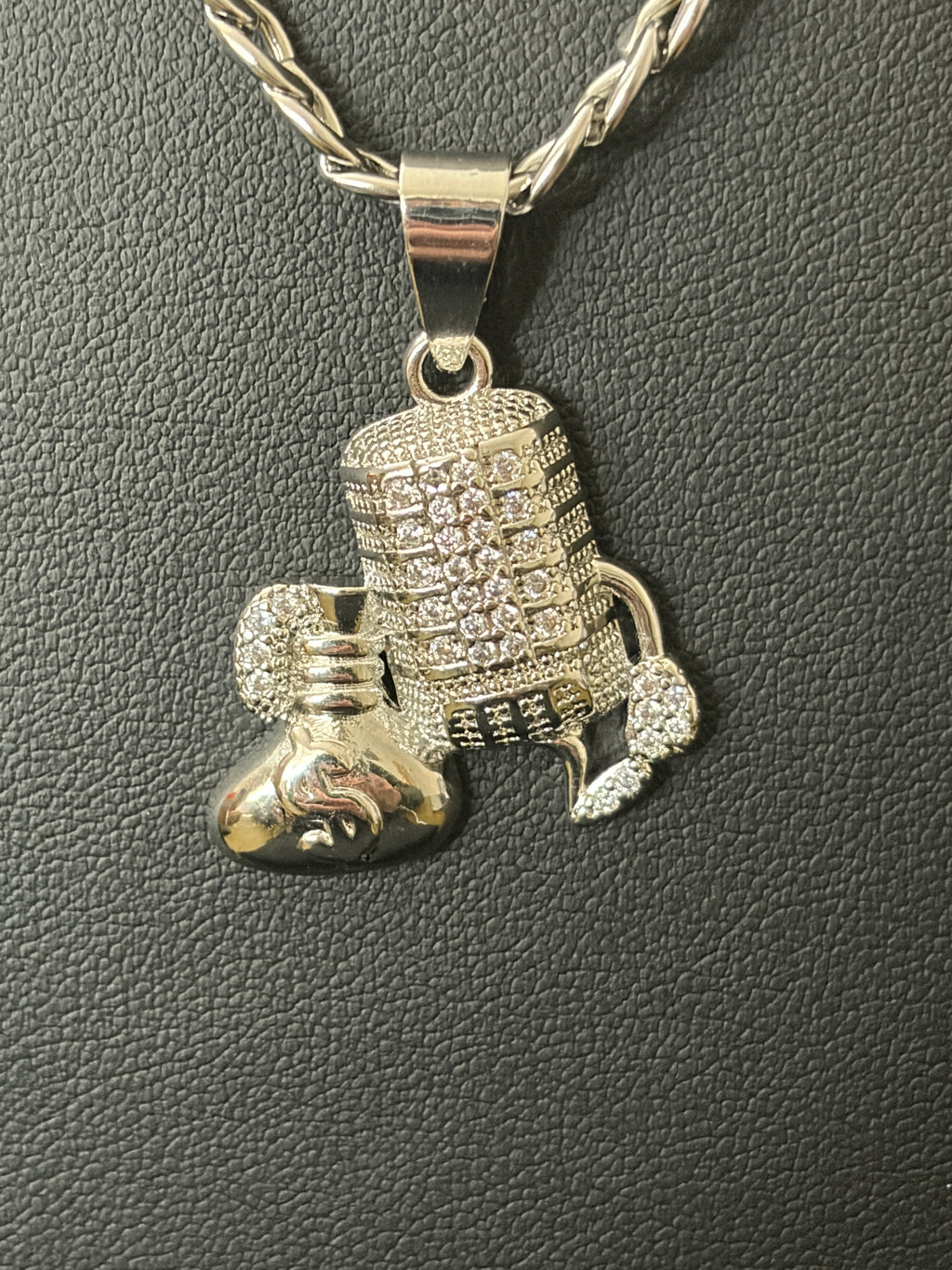 22” 4.5mm 14K White Gold Filled Cuban Chain w/ VVS CZ Microphone Boxing Gloves Pendant