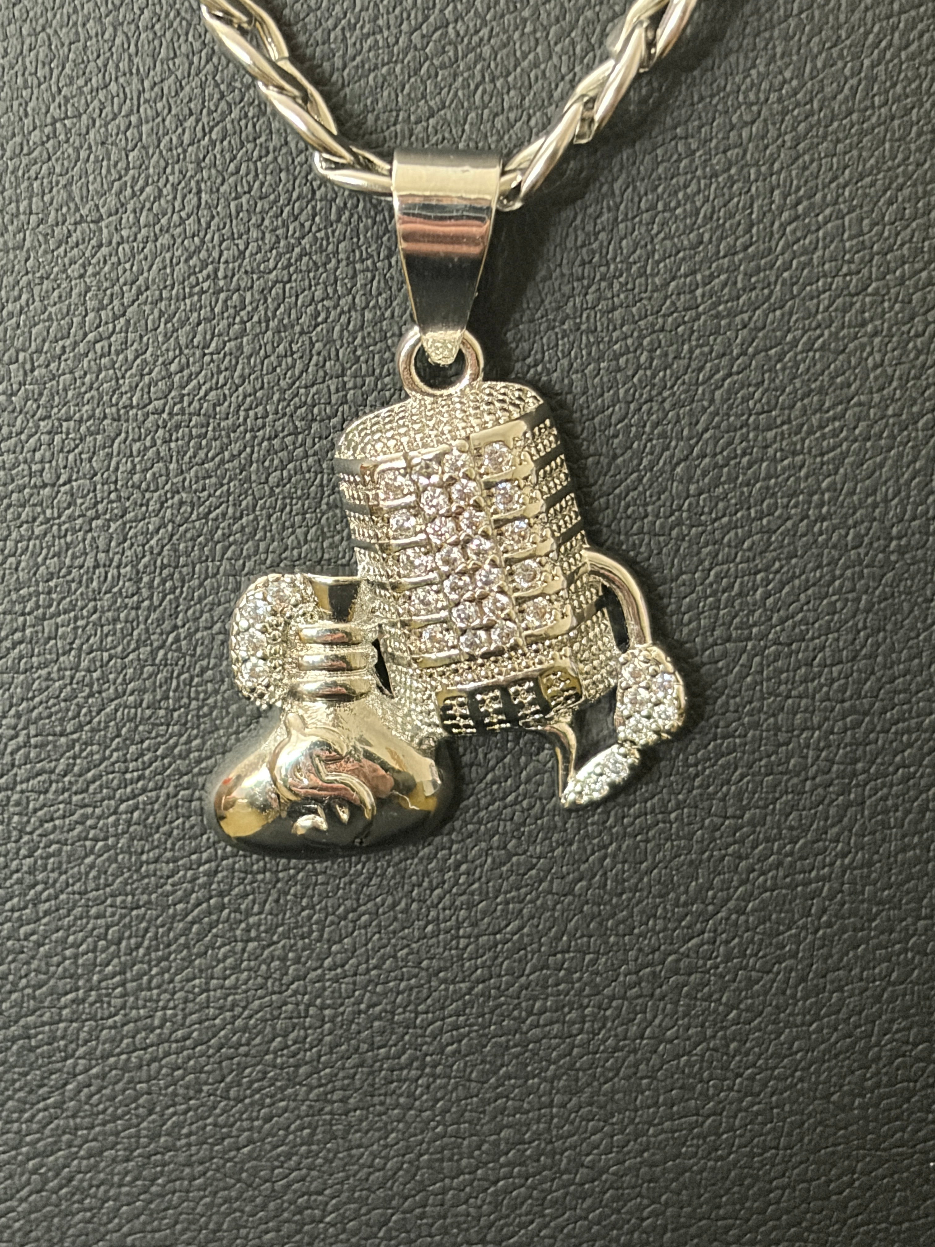 22” 4.5mm 14K White Gold Filled Cuban Chain w/ VVS CZ Microphone Boxing Gloves Pendant