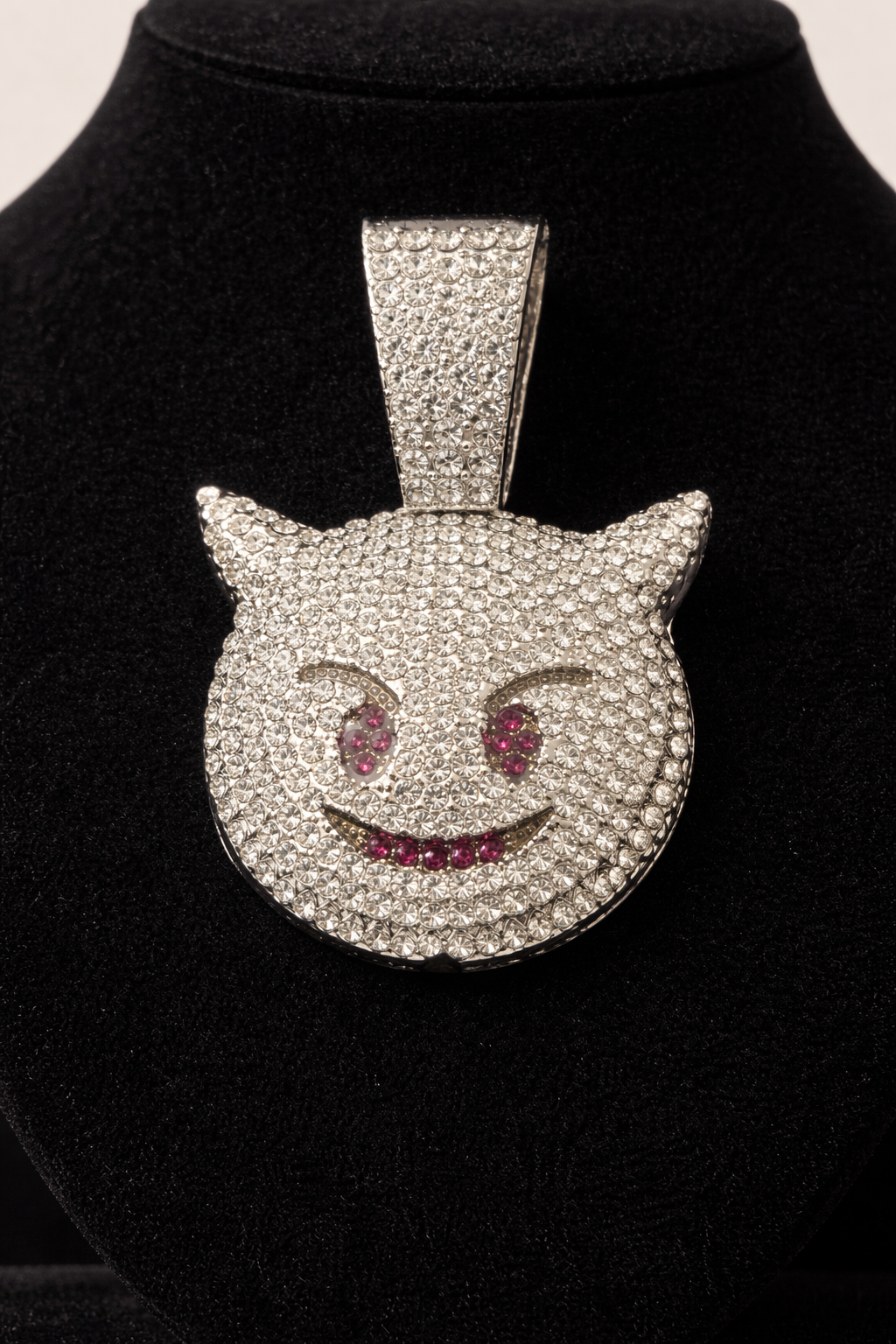 14K White Gold Filled VVS CZ Iced Out Devil Pendant (Purple Stones)