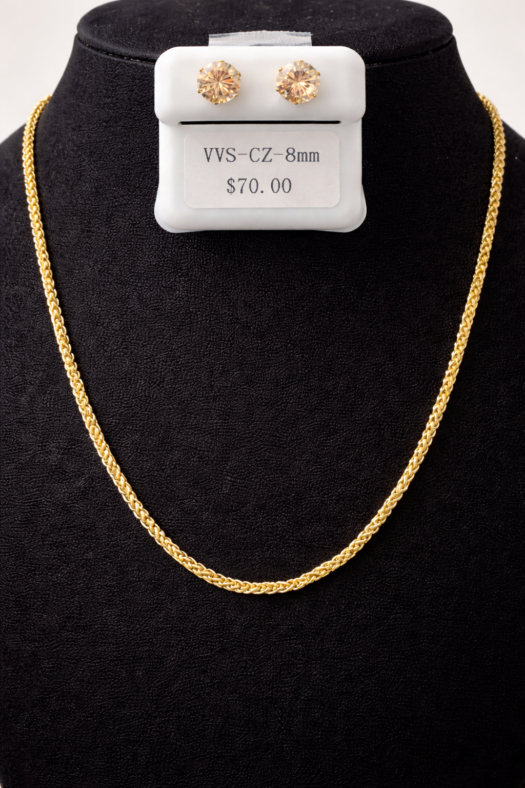 24” 2.5mm Gold Box Chain + 8mm VVS CZ Stud Earrings Set – Complete Luxury Combo