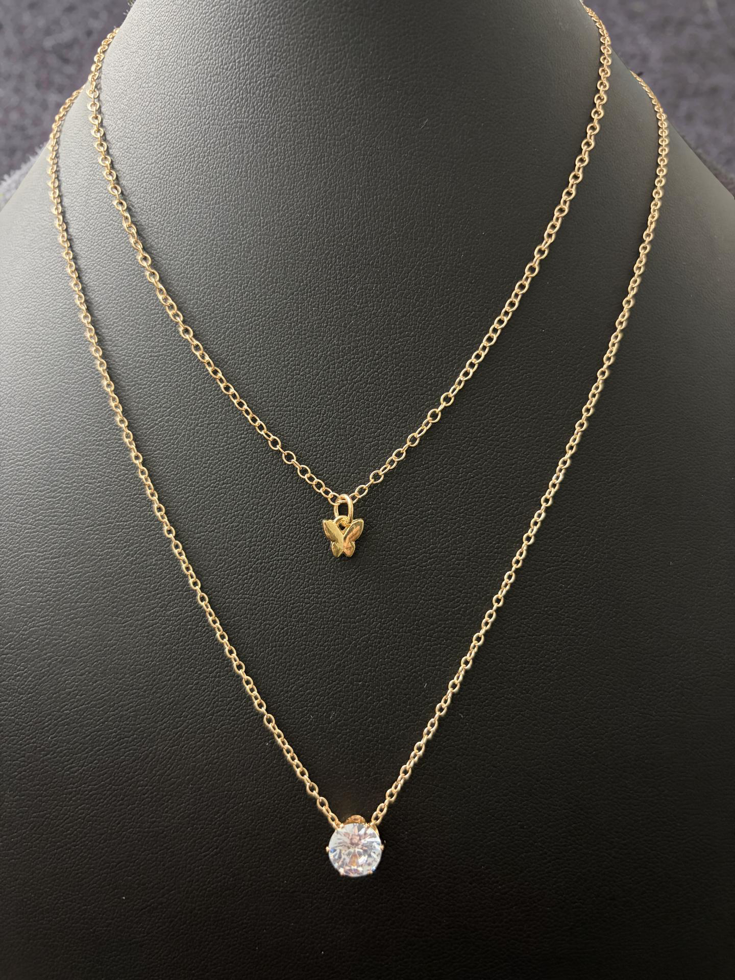 Layered Gold Butterfly & CZ Pendant Necklace Set (Adjustable Combo)