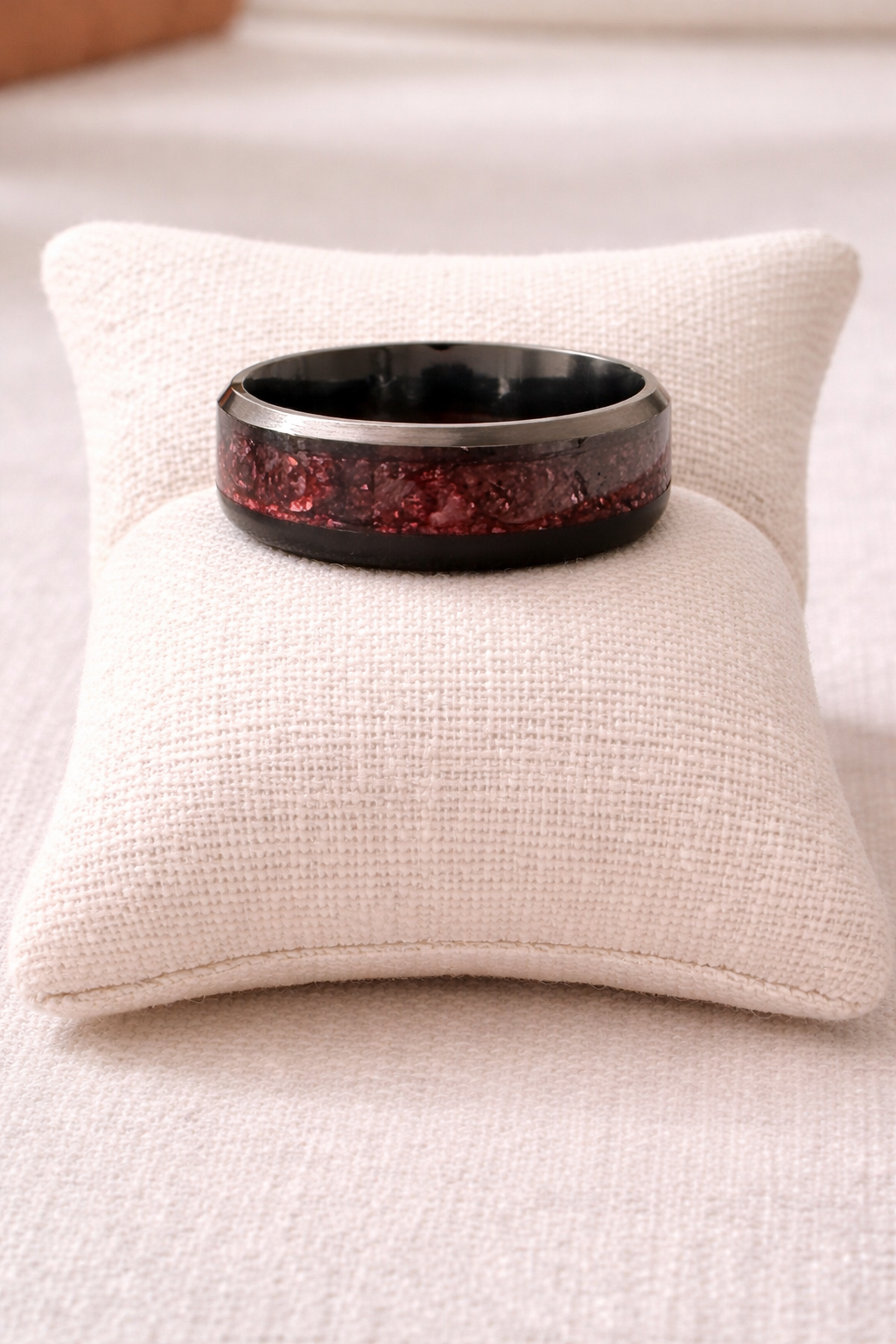 Red Galaxy Sparkle Ring (Size 9) – Bold Black Band