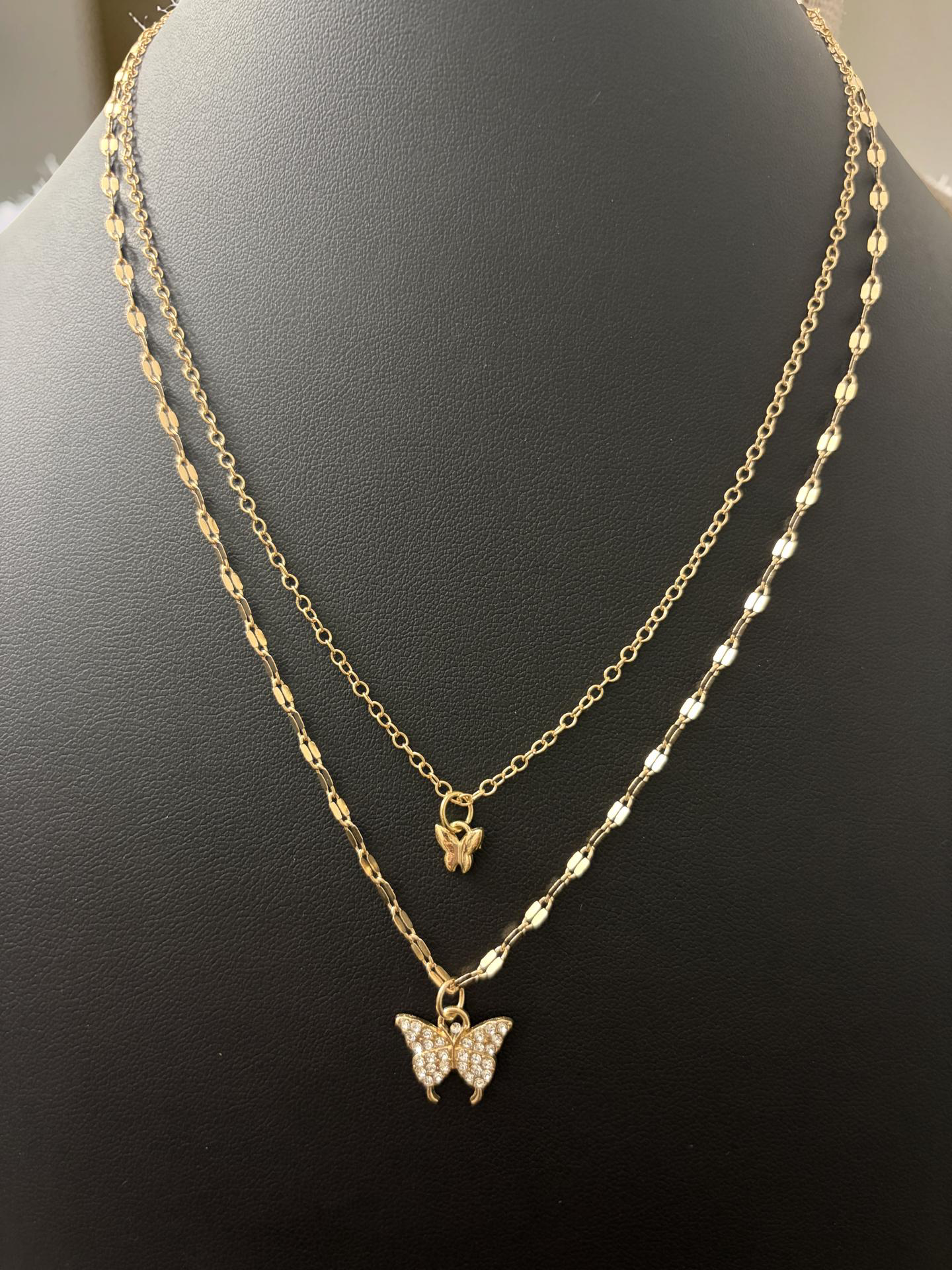 Layered CZ Butterfly Necklace Set – Gold Over Stainless Steel (16–20” Adjustable + 18”)
