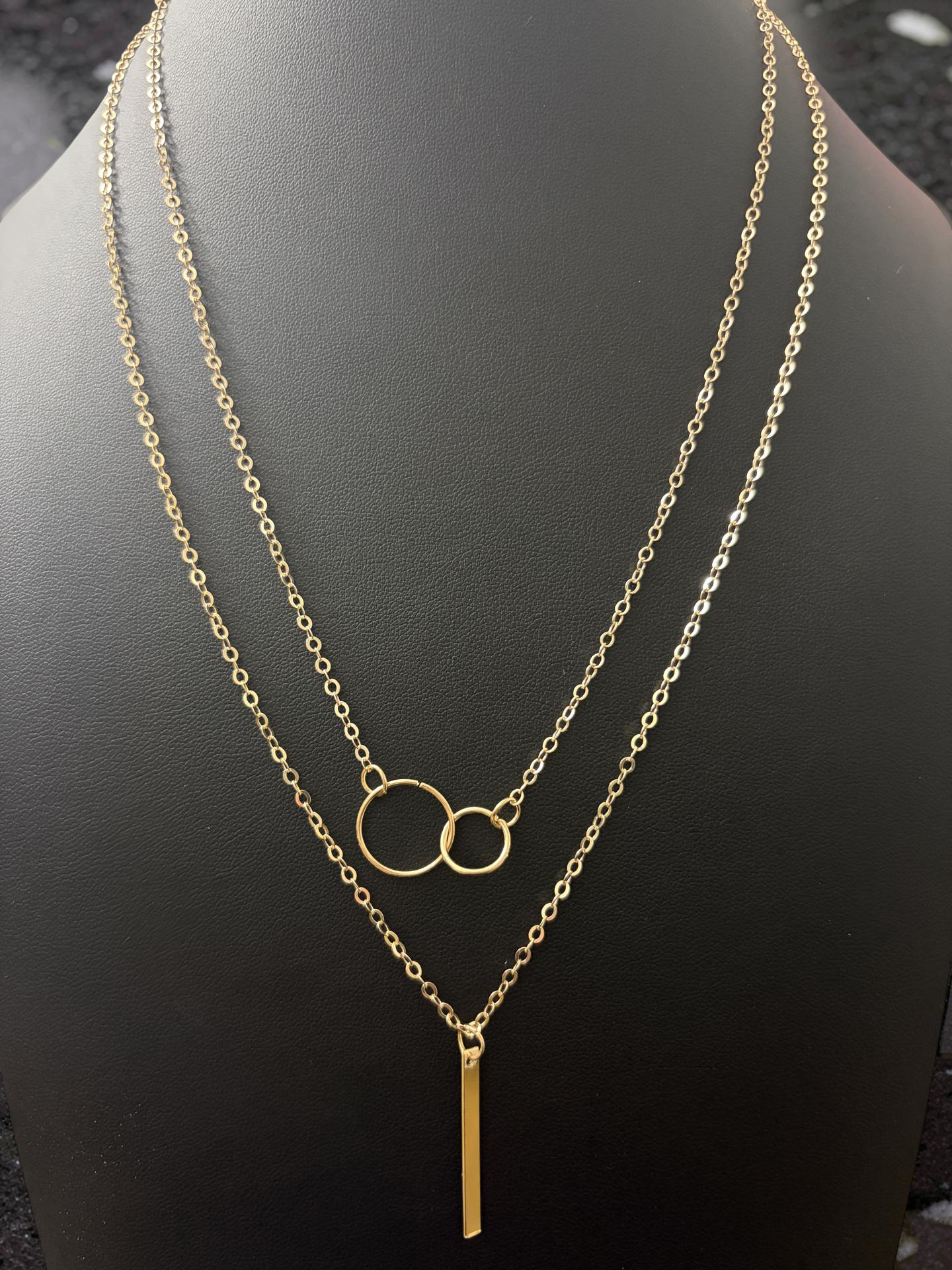 Layered Bar & Circle Necklace Set – Gold Over Stainless Steel (18–22” Adjustable + 18”)