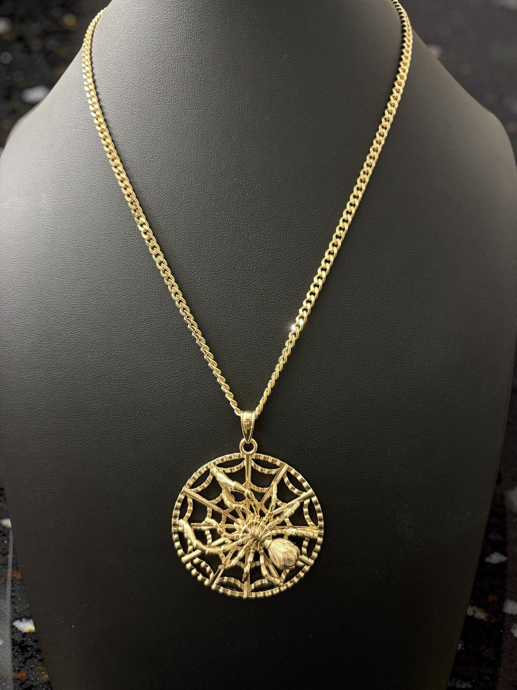 14k Gold Filled in Brass 18in 3.5mm Cuban Chain with Large Spider & Web Pendant