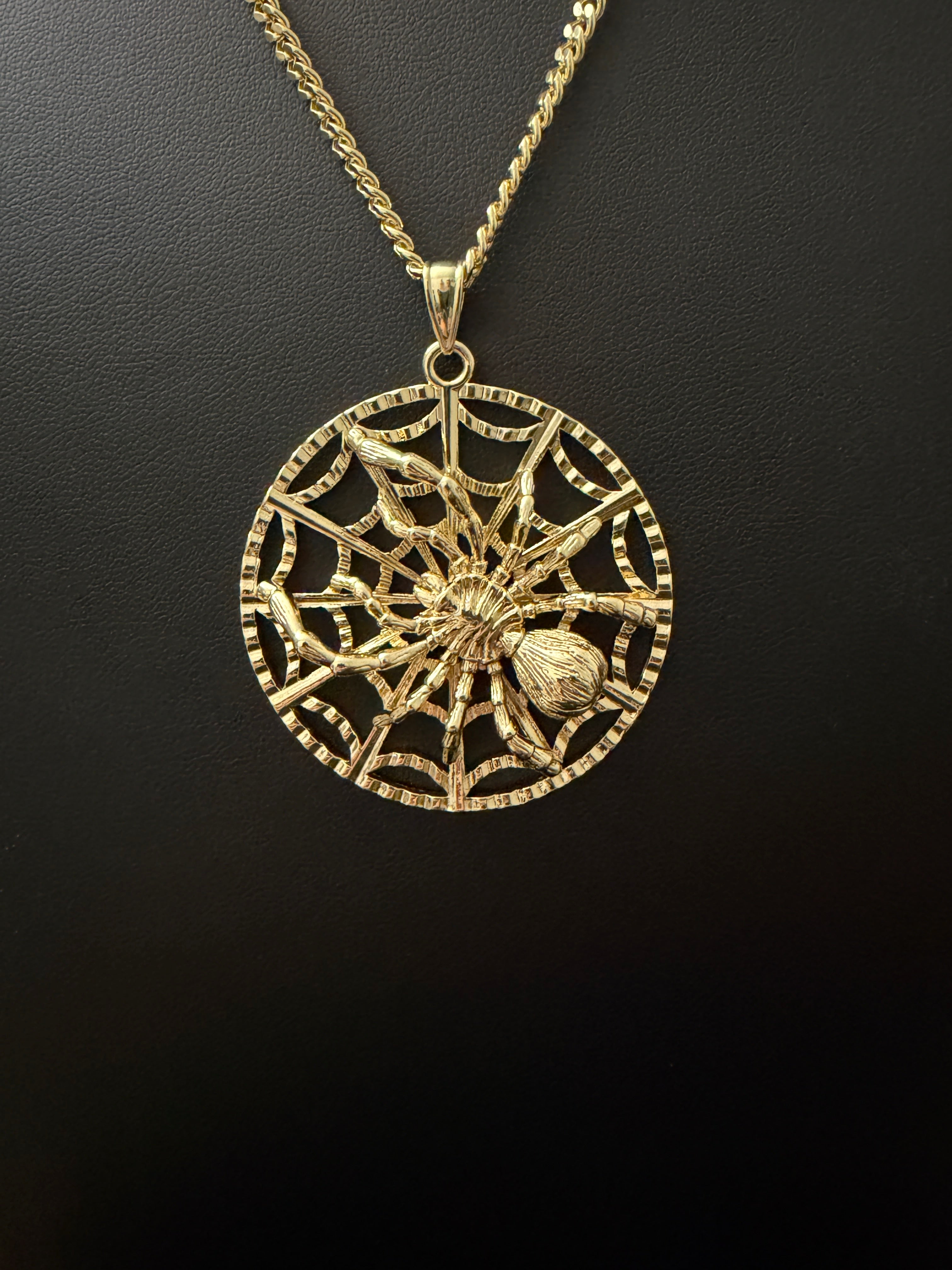 14k Gold Filled in Brass 18in 3.5mm Cuban Chain with Large Spider & Web Pendant