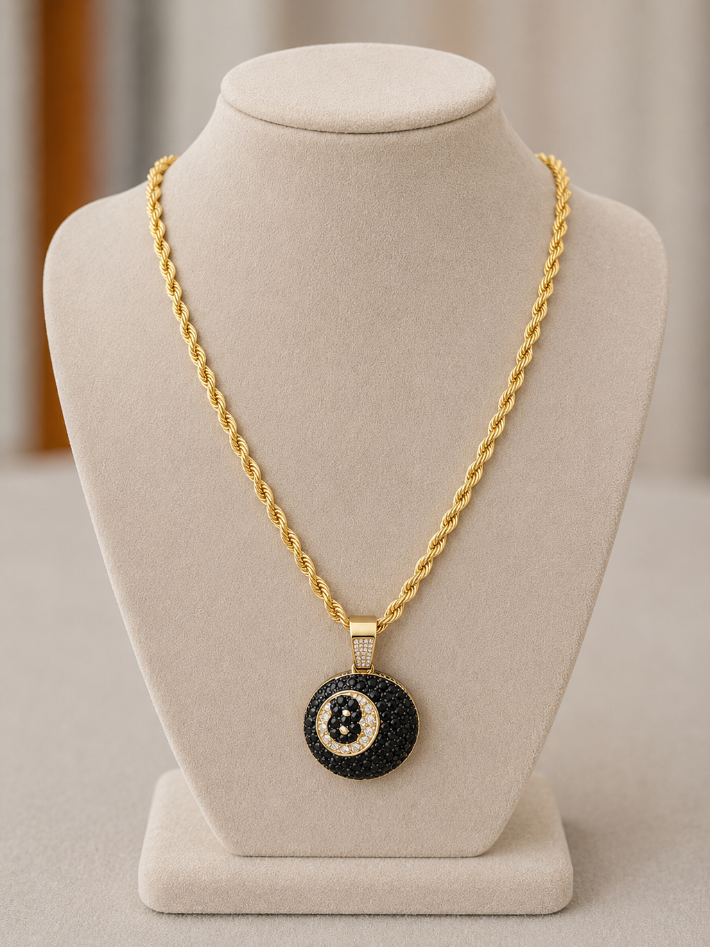 14k Gold Filled in Brass 24in 4mm Rope Chain with VVS CZ Iced Out 8 Ball Pendant