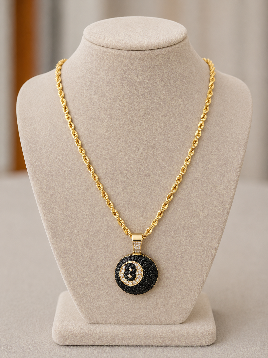 14k Gold Filled in Brass 24in 4mm Rope Chain with VVS CZ Iced Out 8 Ball Pendant