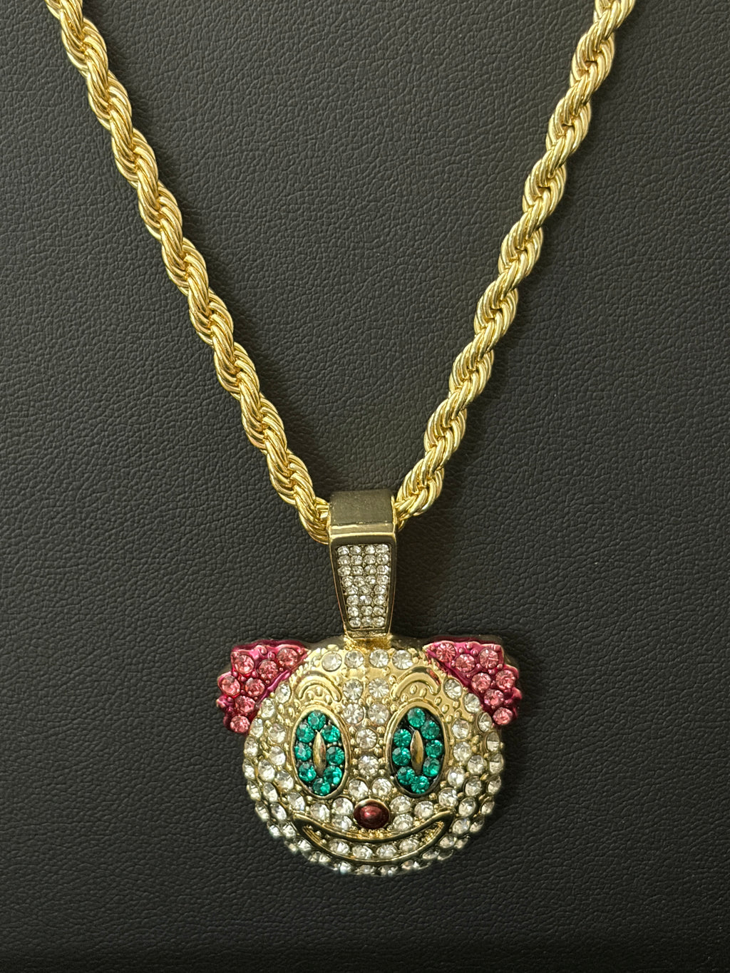 14k Gold Filled in Brass 24in 4mm Rope Chain with Multi Color VVS CZ Iced Out Clown Pendant