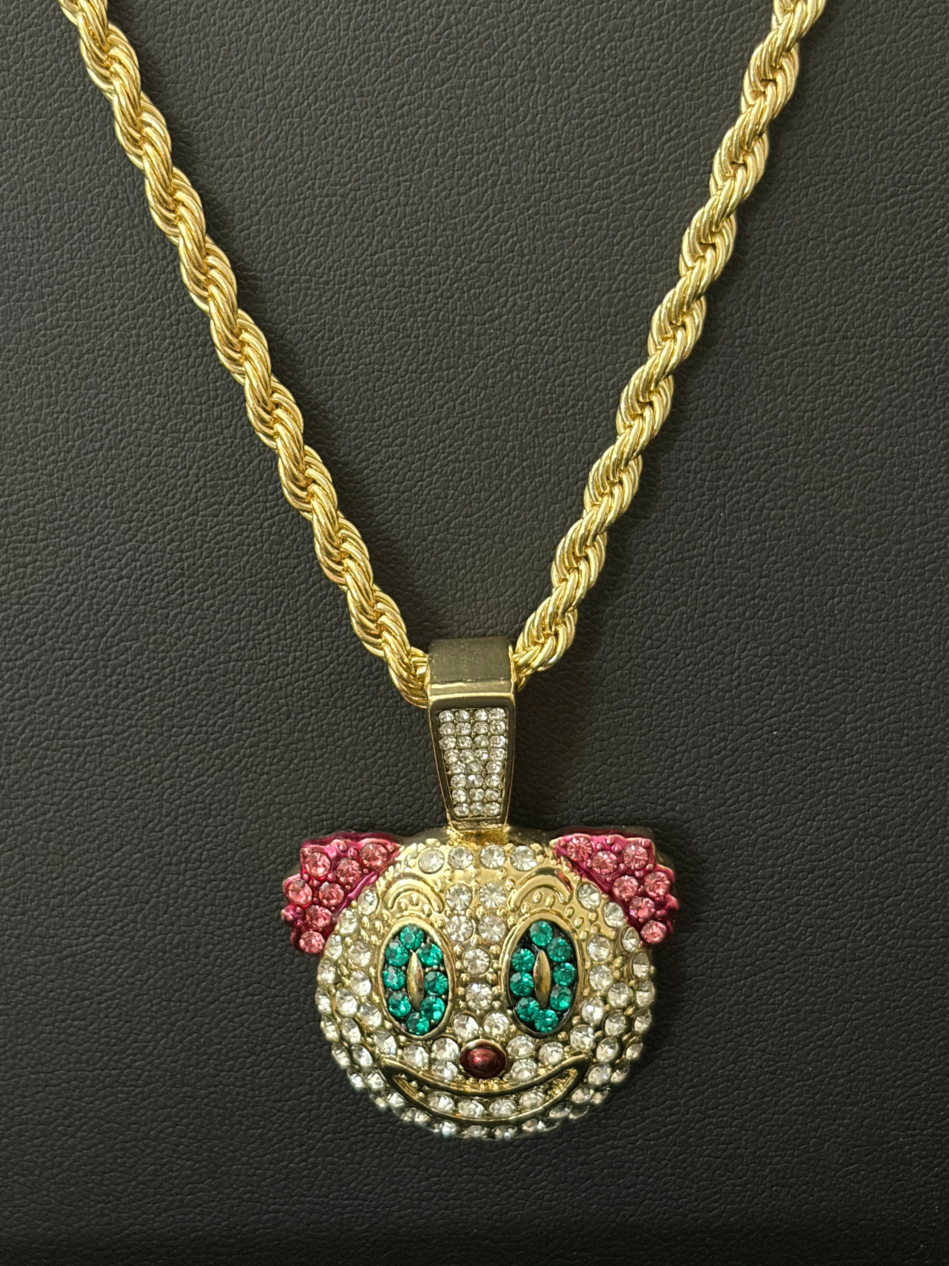 14k Gold Filled in Brass 24in 4mm Rope Chain with Multi Color VVS CZ Iced Out Clown Pendant