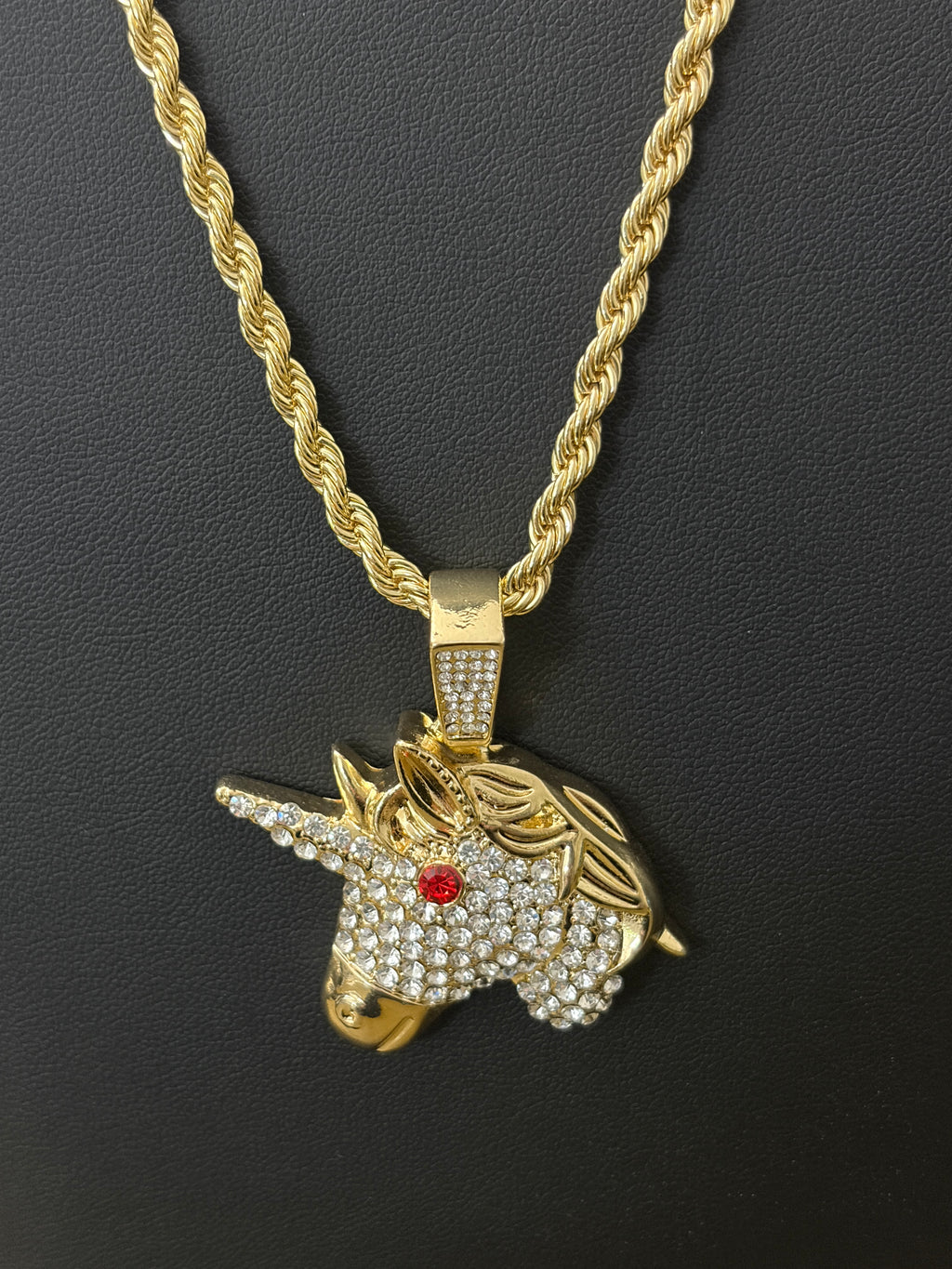 14k Gold Filled in Brass 24in 4mm Rope Chain with Iced Out Multi Color VVS CZ Unicorn Pendant