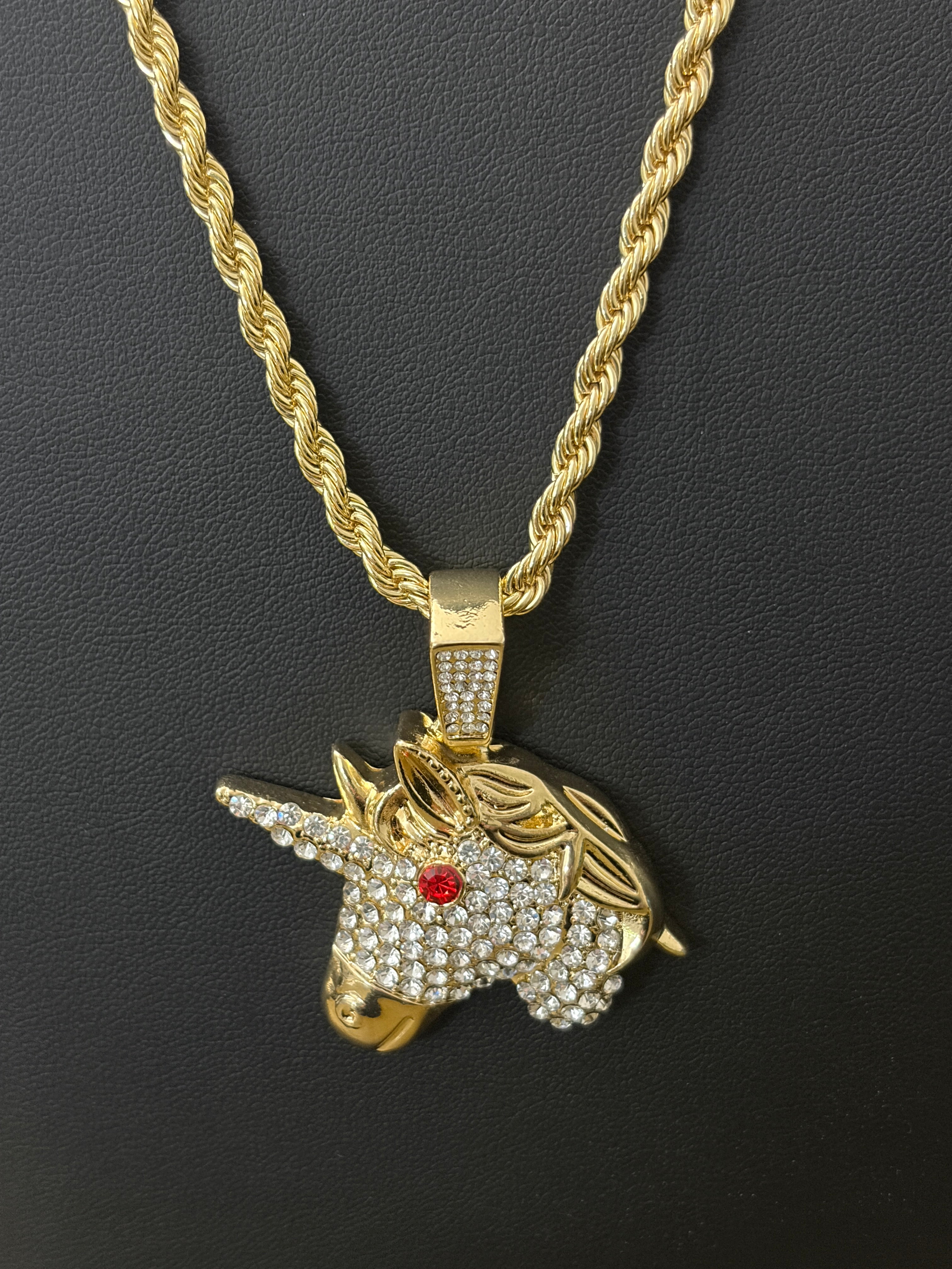 14k Gold Filled in Brass 24in 4mm Rope Chain with Iced Out Multi Color VVS CZ Unicorn Pendant