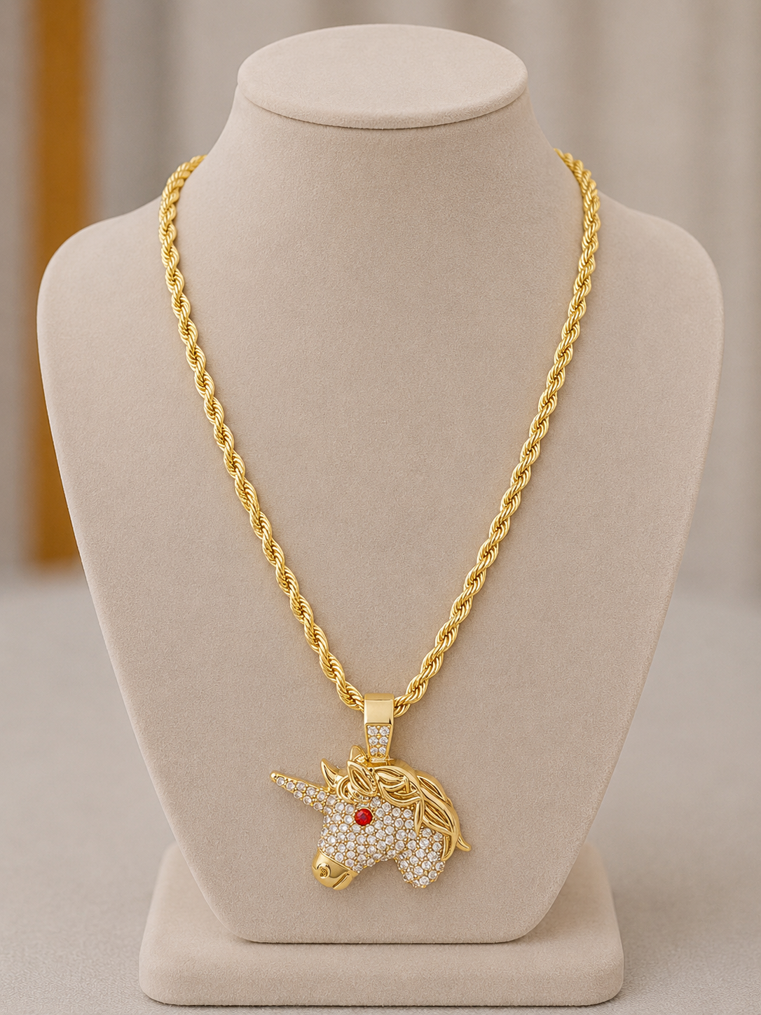 14k Gold Filled in Brass 24in 4mm Rope Chain with Iced Out Multi Color VVS CZ Unicorn Pendant