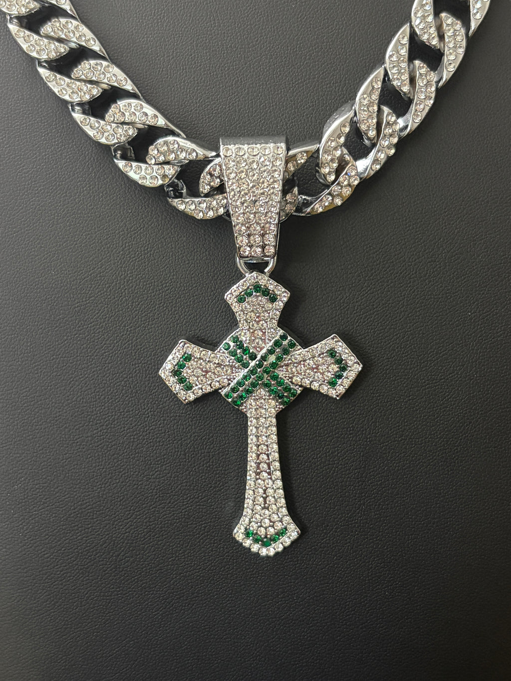 White Gold Plated Stainless Steel Iced Out VVS CZ 20in 14mm Chain with Iced Out VVS CZ Cross Pendant