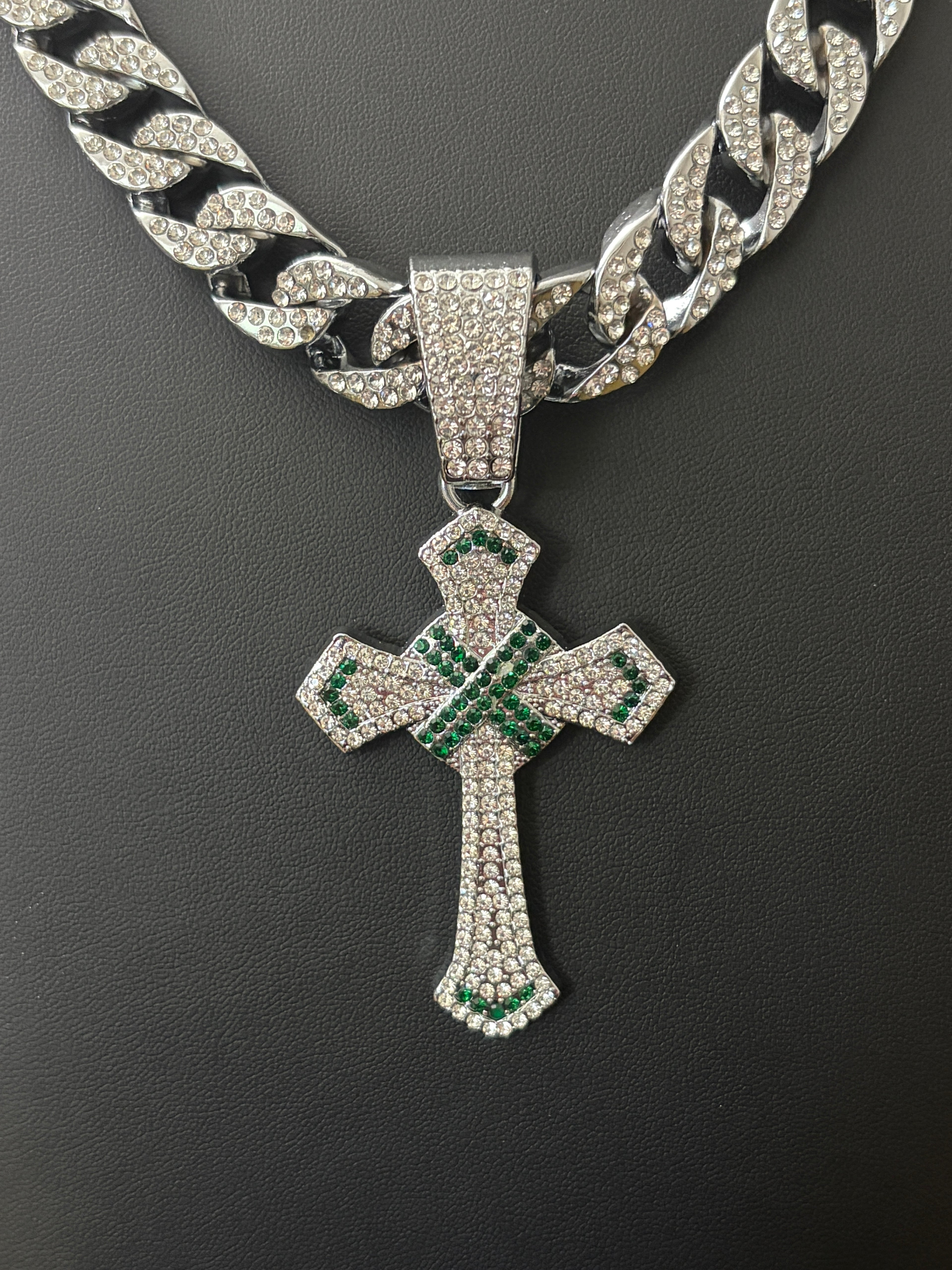 White Gold Plated Stainless Steel Iced Out VVS CZ 20in 14mm Chain with Iced Out VVS CZ Cross Pendant