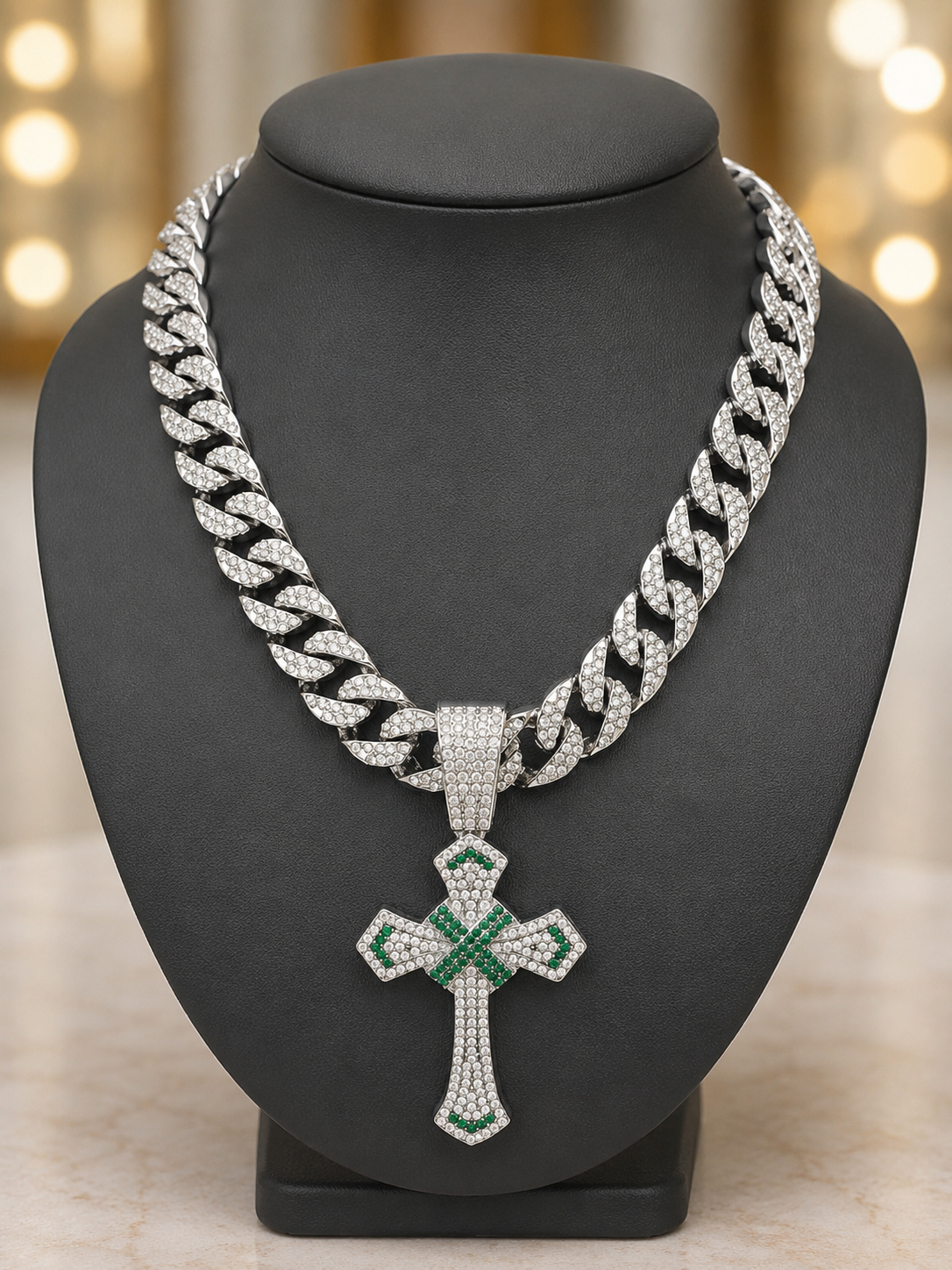 White Gold Plated Stainless Steel Iced Out VVS CZ 20in 14mm Chain with Iced Out VVS CZ Cross Pendant