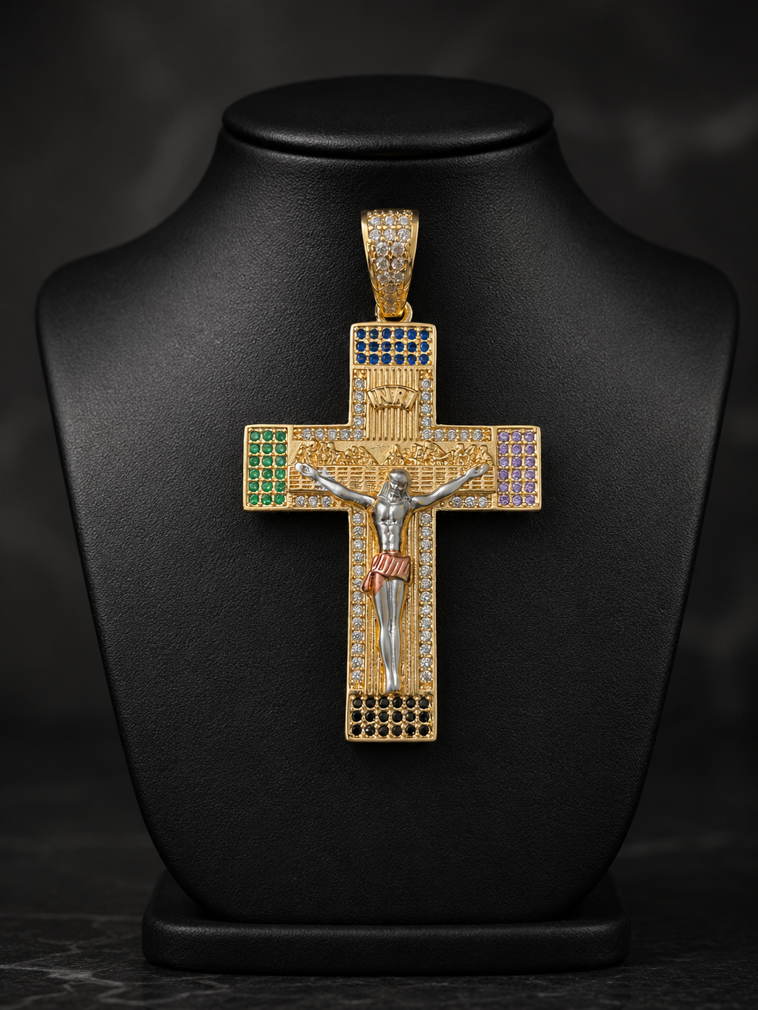 14k Gold Filled in Brass Multicolor VVS CZ Cross Pendant