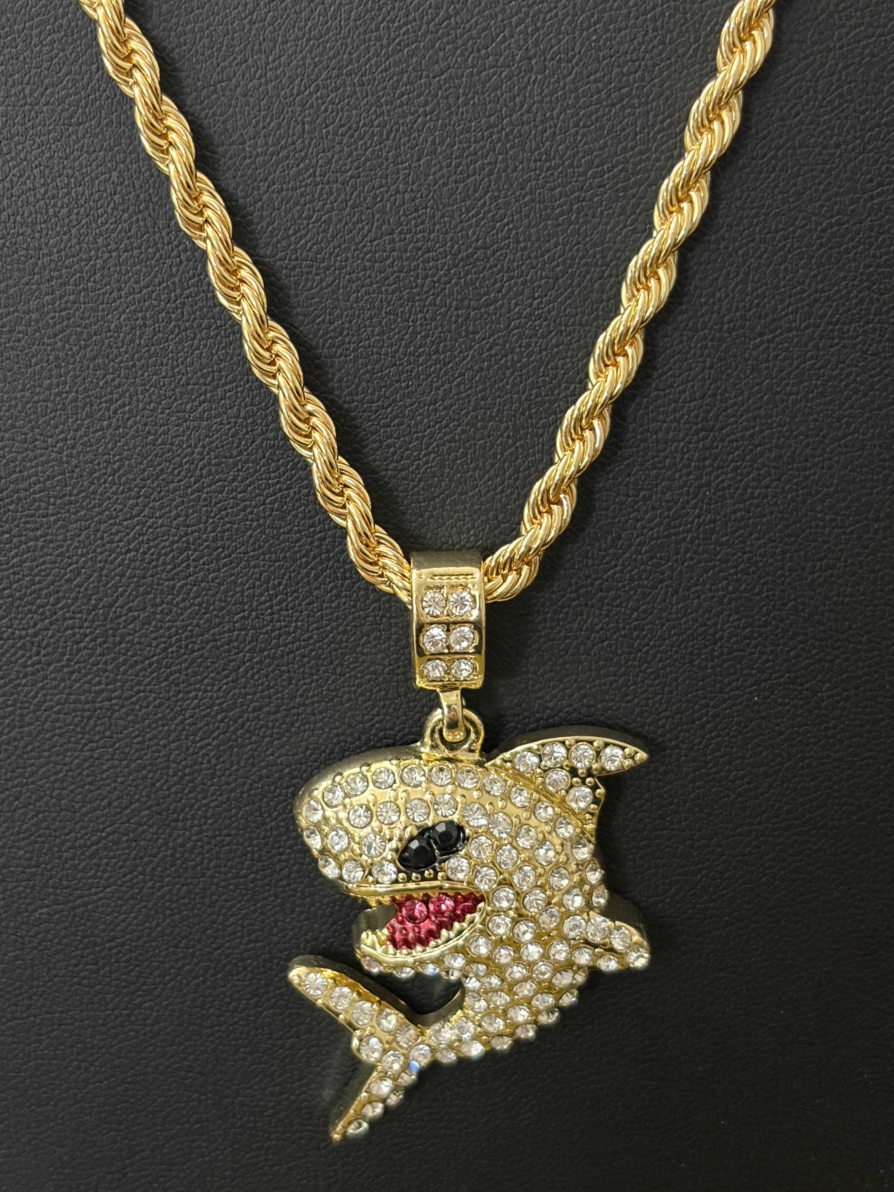 24” 4mm Rope Chain w/ Iced Out VVS CZ Shark Pendant – 14K Gold Filled Over Brass