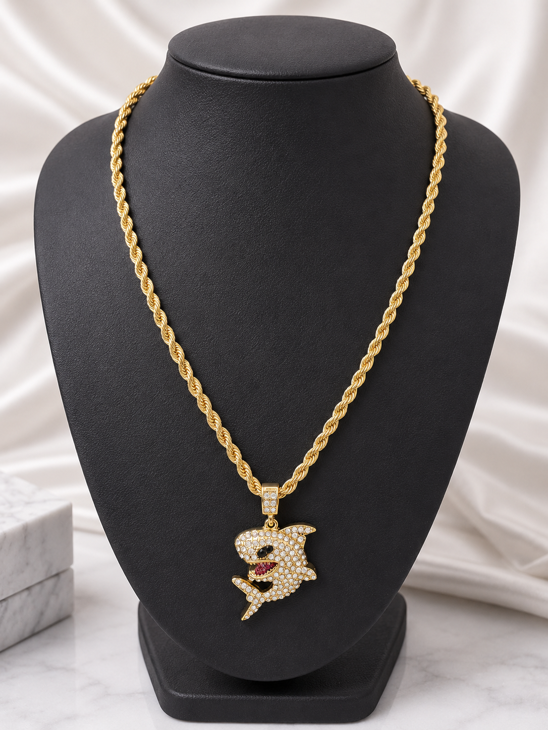 24” 4mm Rope Chain w/ Iced Out VVS CZ Shark Pendant – 14K Gold Filled Over Brass