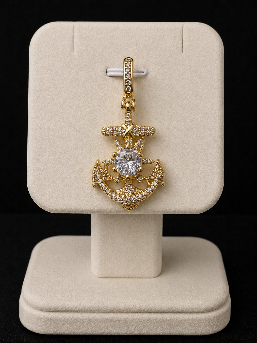 14k Gold Filled in Brass Iced Out VVS CZ Anchor Pendant with Large CZ Center Stone