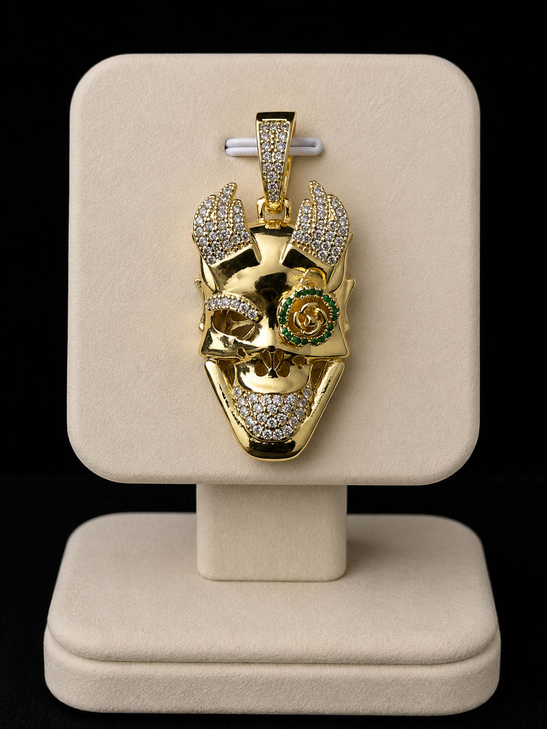14k Gold Filled in Brass VVS CZ Devil Pendant with Green CZ Stones