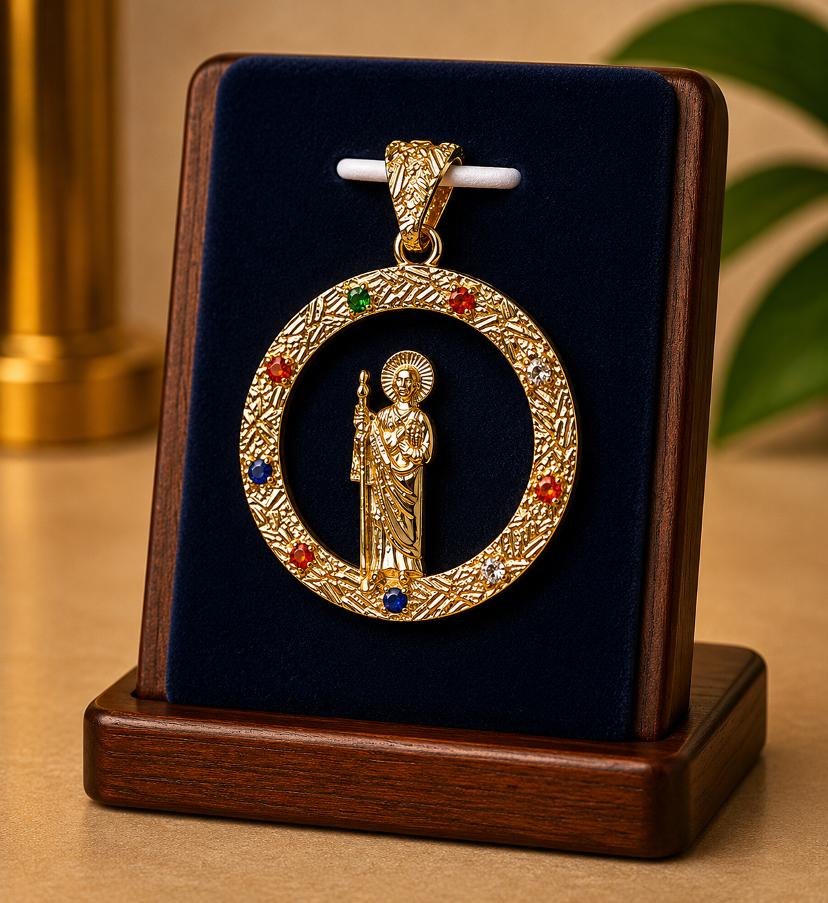 14k Gold Filled in Brass Multi Color Stone Saint Pendant
