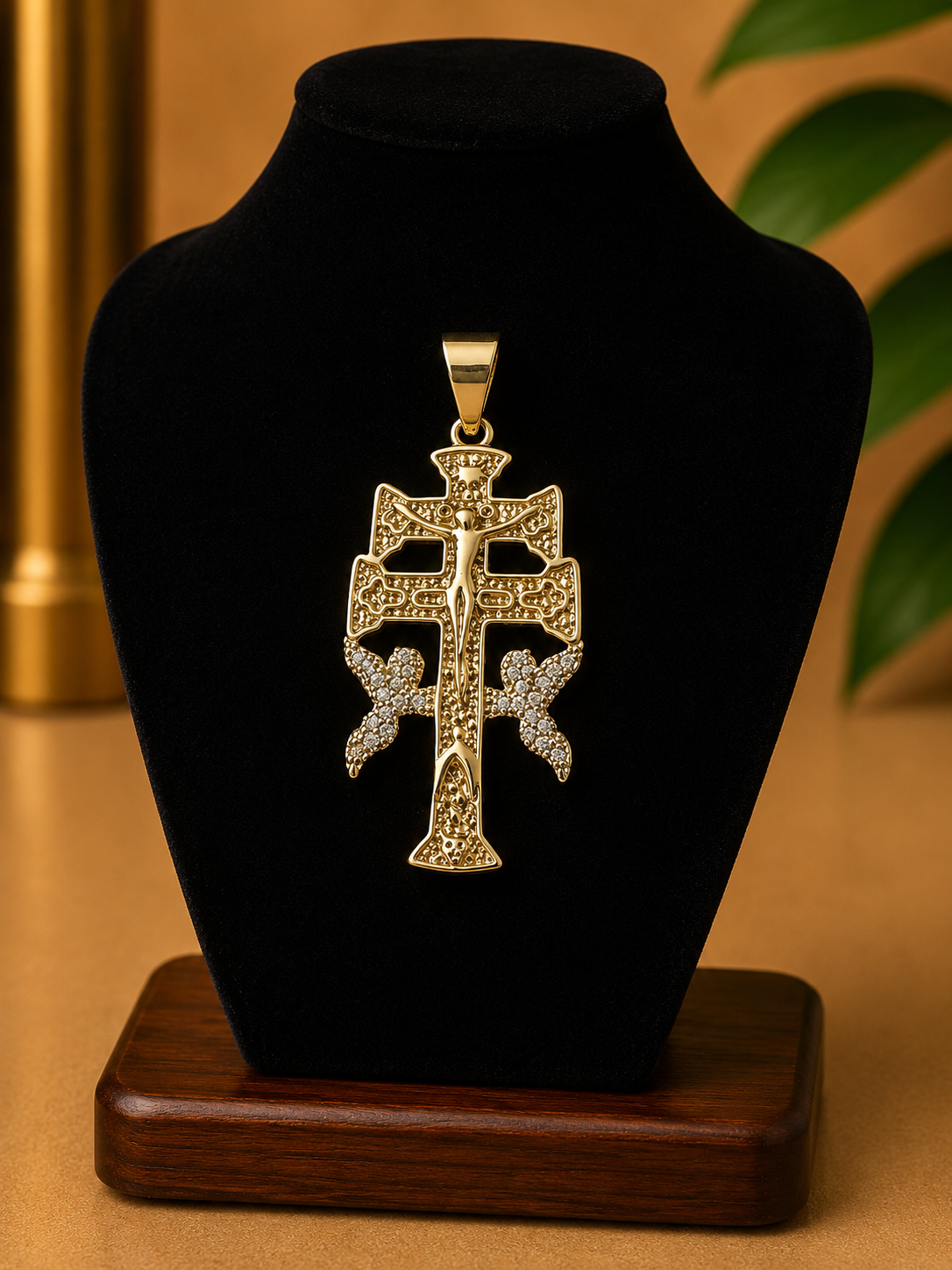 14k Gold Filled in Brass Cross Pendant with VVS CZ Angels