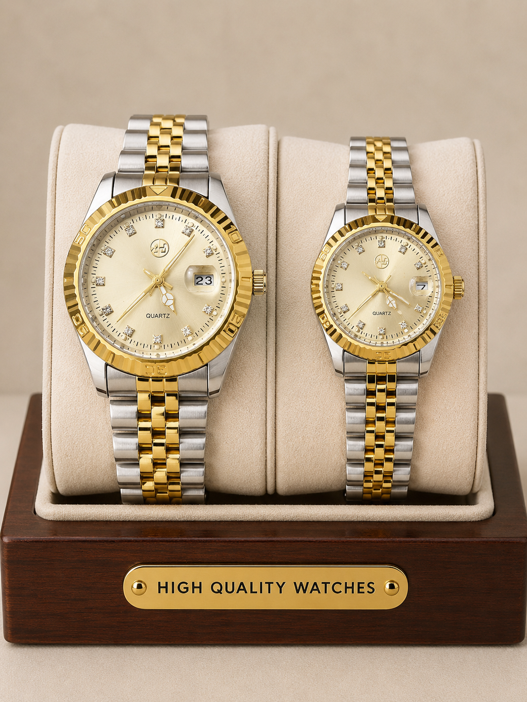 Two Tone Stainless Steel His & Her Watch Set – Gold Face CZ Edition