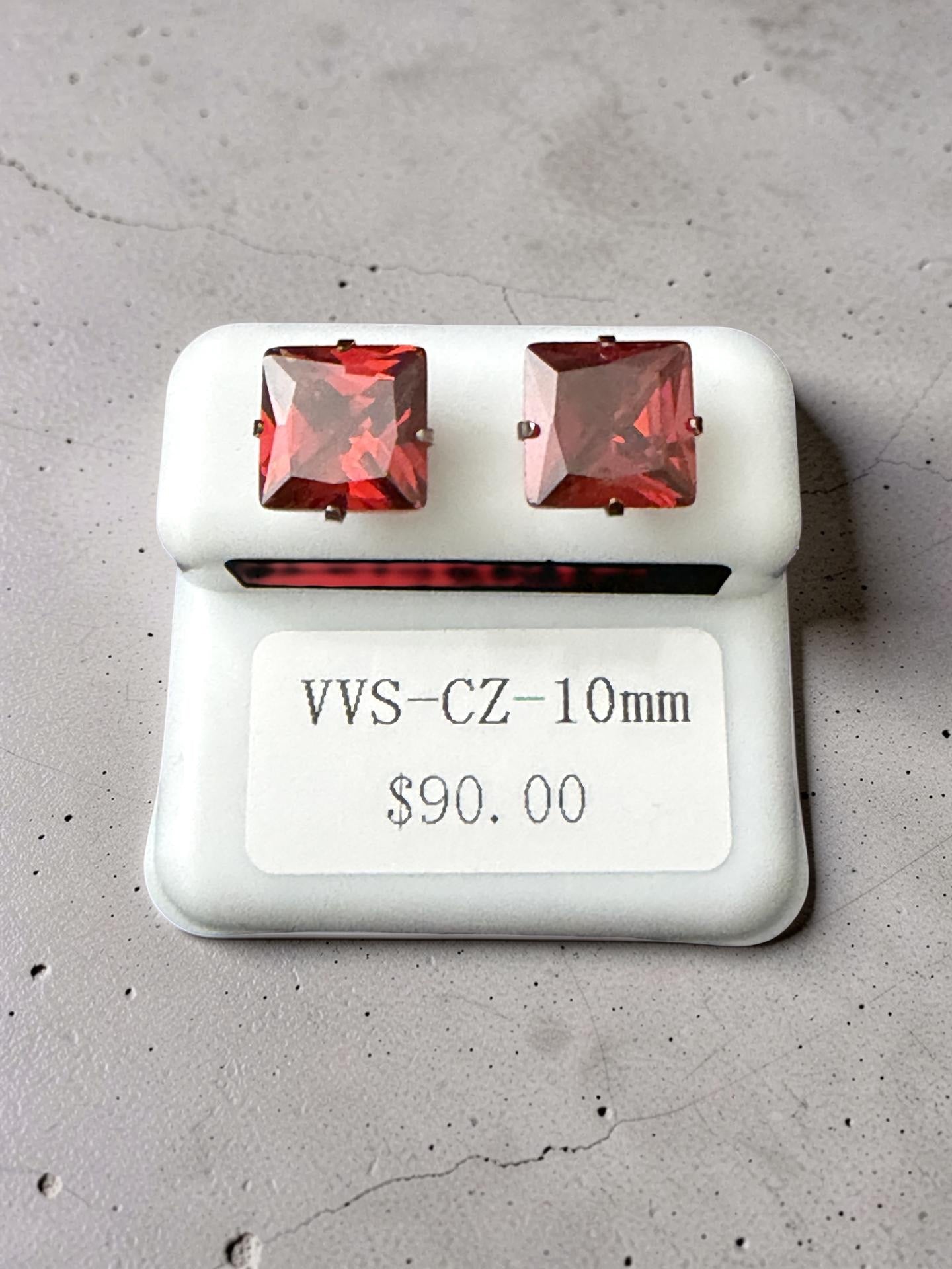 10mm Red Stainless Steel VVS CZ Pushback Stud Earrings