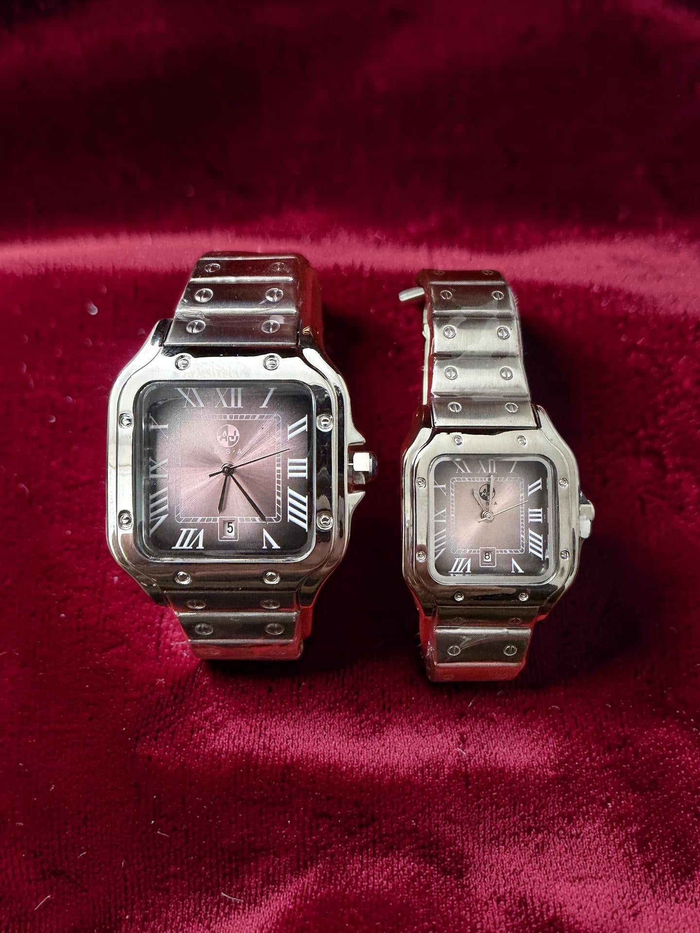 Stainless Steel Carti Style His & Hers Watch Set – Pink Fading Face Edition