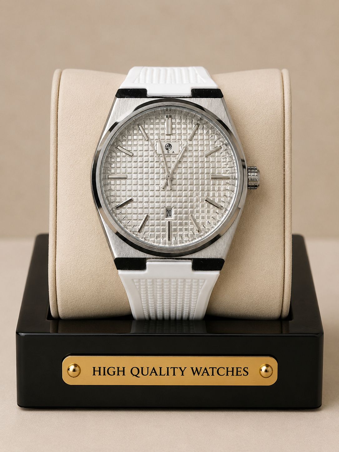 40mm Stainless Steel Watch With White Rubber Strap