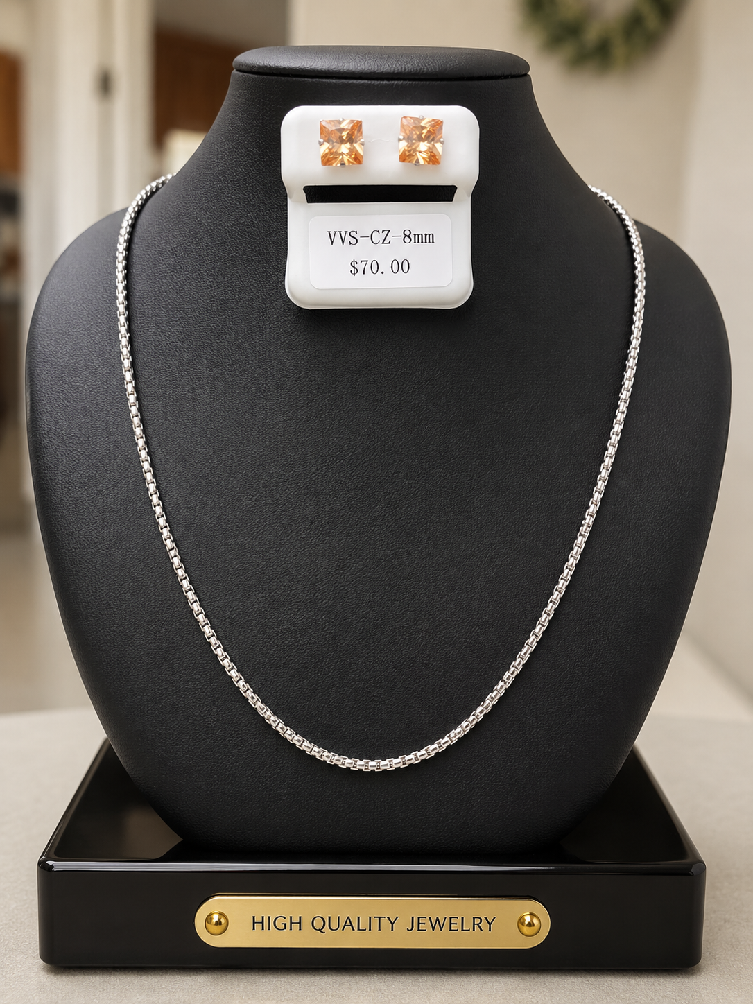 20in 2.5mm Stainless Steel Box Chain & 8mm VVS CZ Stud Earring Set